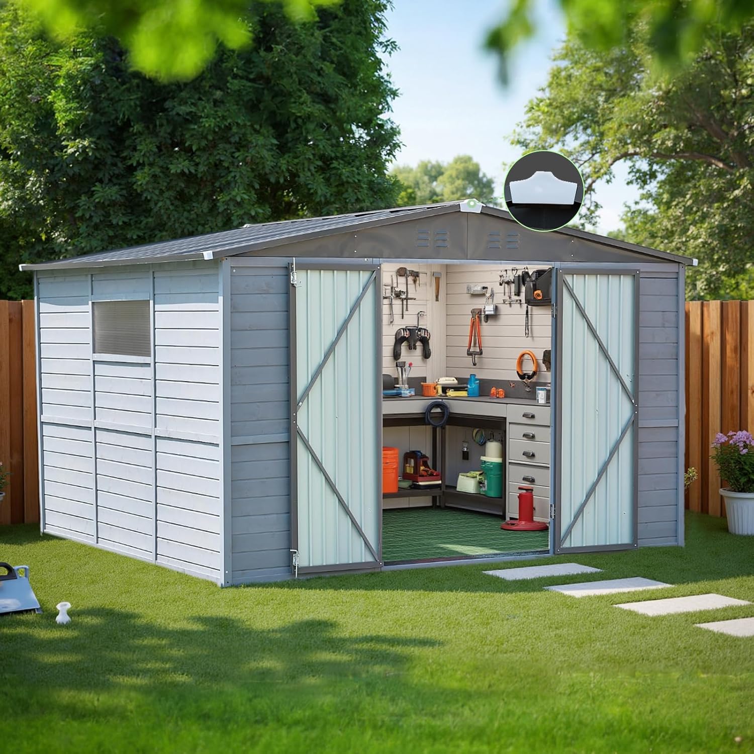 Outdoor Metal-Wood Combination Storage Shed with Floor Frame, Lockable Door, Waterproof Tool Shed with Vents for Backyard, Garden, Lawn, Bike, Garbage or Pet House (8x8 FT,Wood Gray)