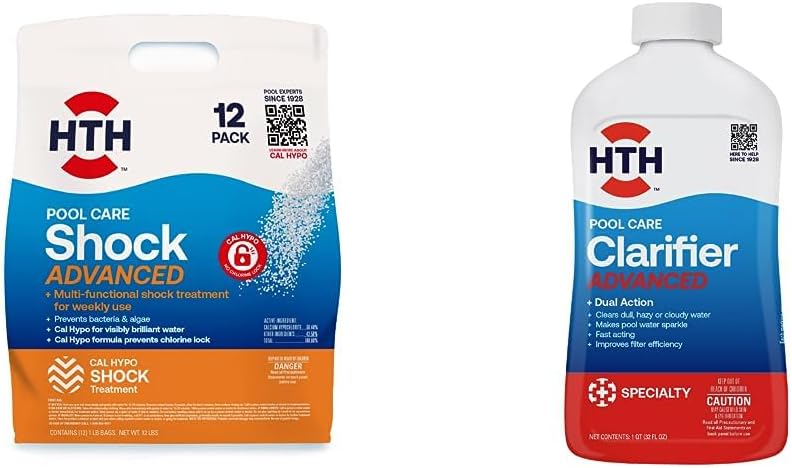 HTH 52037 Swimming Pool Care Shock Advanced, Swimming Pool Chemical, Cal Hypo Formula, 12 Count(Pack of 1) & 67067 Swimming Pool Care Clarifier Advanced - Crystal Clear Water in 24 Hours