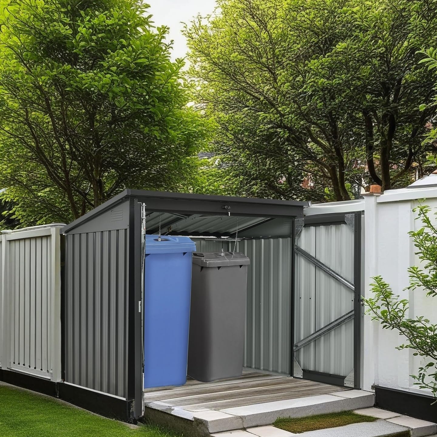 84.4 Cu.Ft Outdoor Trash Can Storage Shed, Metal Trash Can Storage Bin with Spring Chain Lid for Garbage Storage, Waterproof Storage Shed Stores for 2 Trash Cans, Garden Tools, Black