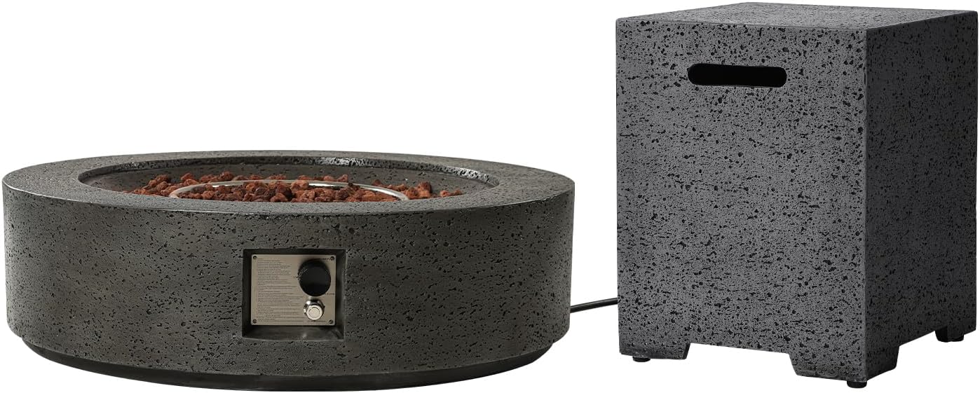 SUNBURY Outdoor Fire Pit Table Propane Gas Fire pits &Outdoor Fireplaces 40.5″ Inch Rounded Firepit Table with Tank Cover, 50,000 BTU Fire Table for Patio Set, Stone Gray