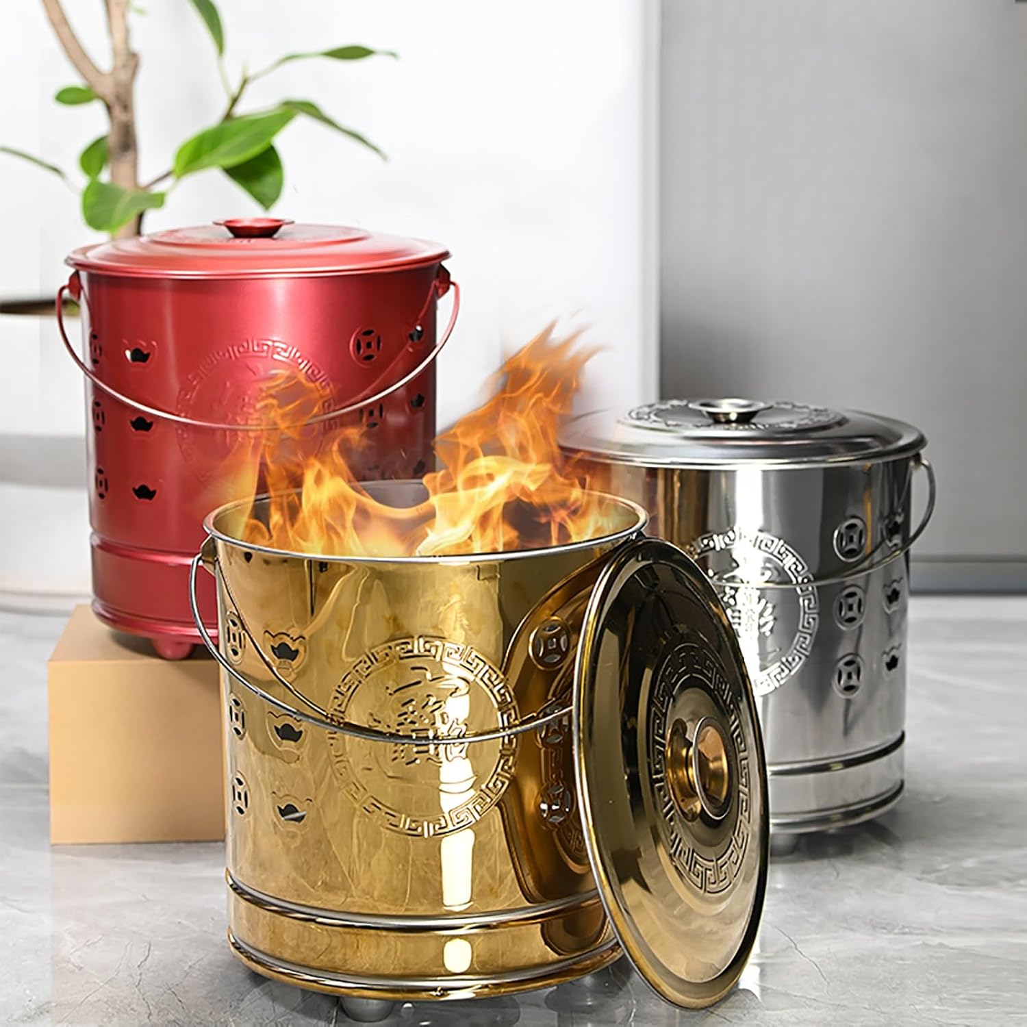 Stainless Steel incinerator, fire Pit, Burn Barrel for Outside, with Lid and Handle, for Paper, Leaf, Trash(Large)