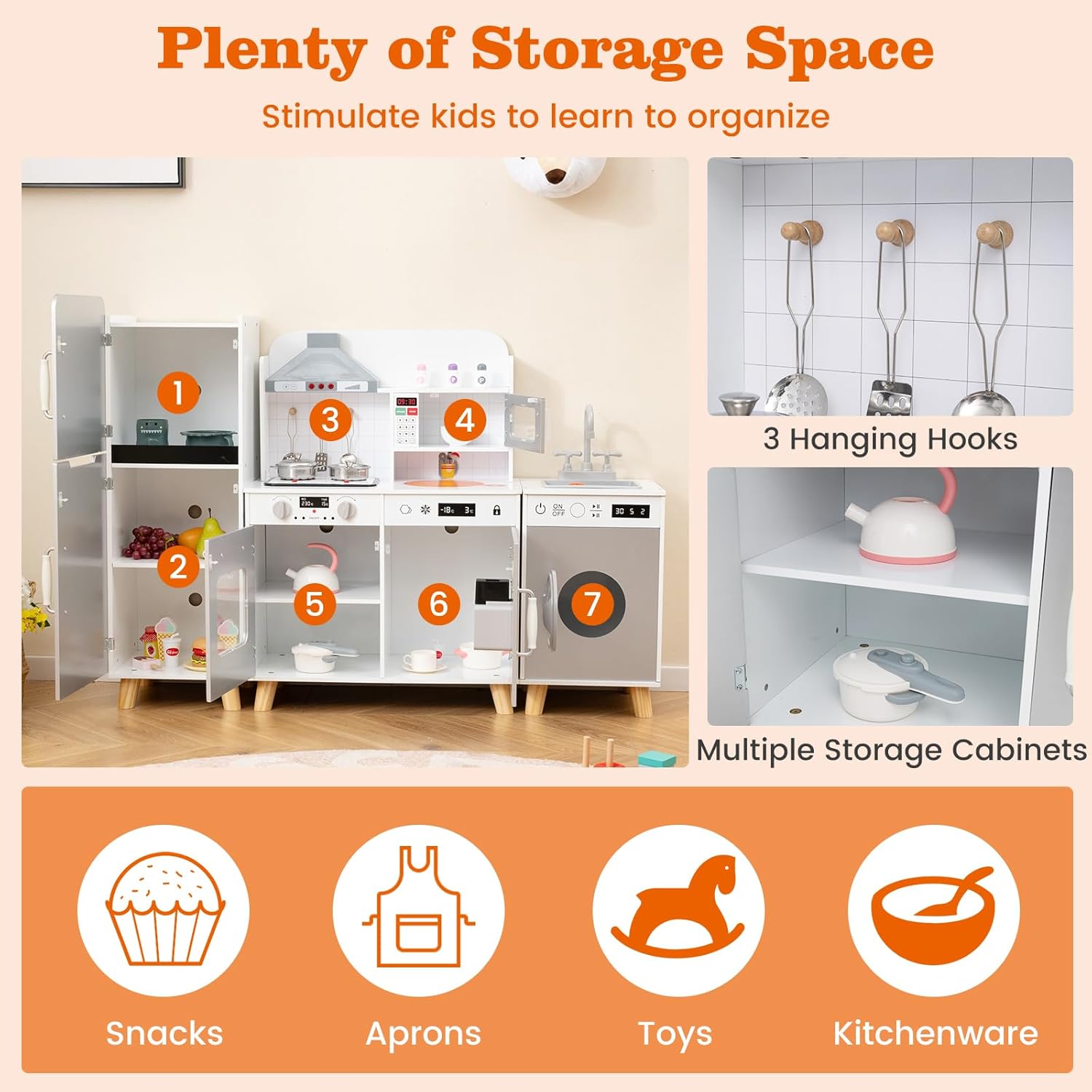 Costzon 3-Piece Play Kitchen for Kids, Wooden Toy Kitchen Set with Refrigerator, Washing Machine, Range Hood, Ice Maker, Kids Kitchen Playset with Sounds & Lights, Gift for Toddlers Ages 3+