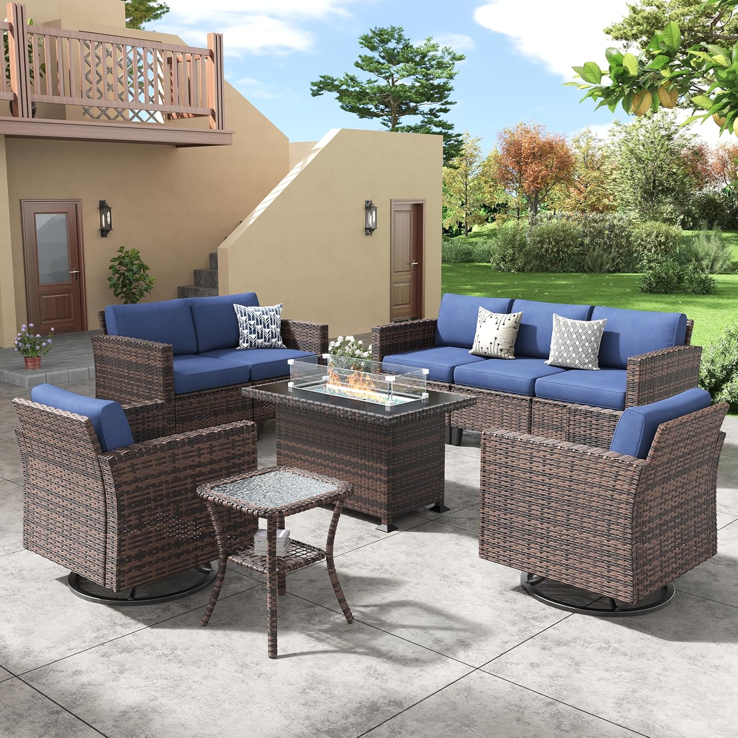Amopatio Patio Furniture Set with Fire Pit Table, Outdoor Furniture Sectional Sofa with Swivel Chairs, Modern Conversation Sets for Balcony Backyard, Navy（Include Waterproof Covers ）