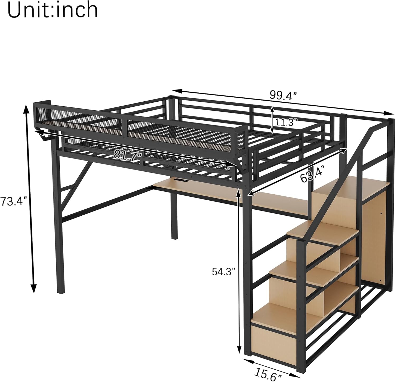 Queen Size Loft Bed with Desk, Loft Bed Queen with Stairs and Charging Station, Modern Metal Beds Frame with Light and Safety Guardrails for Kids/Teens, Patent Products, Black