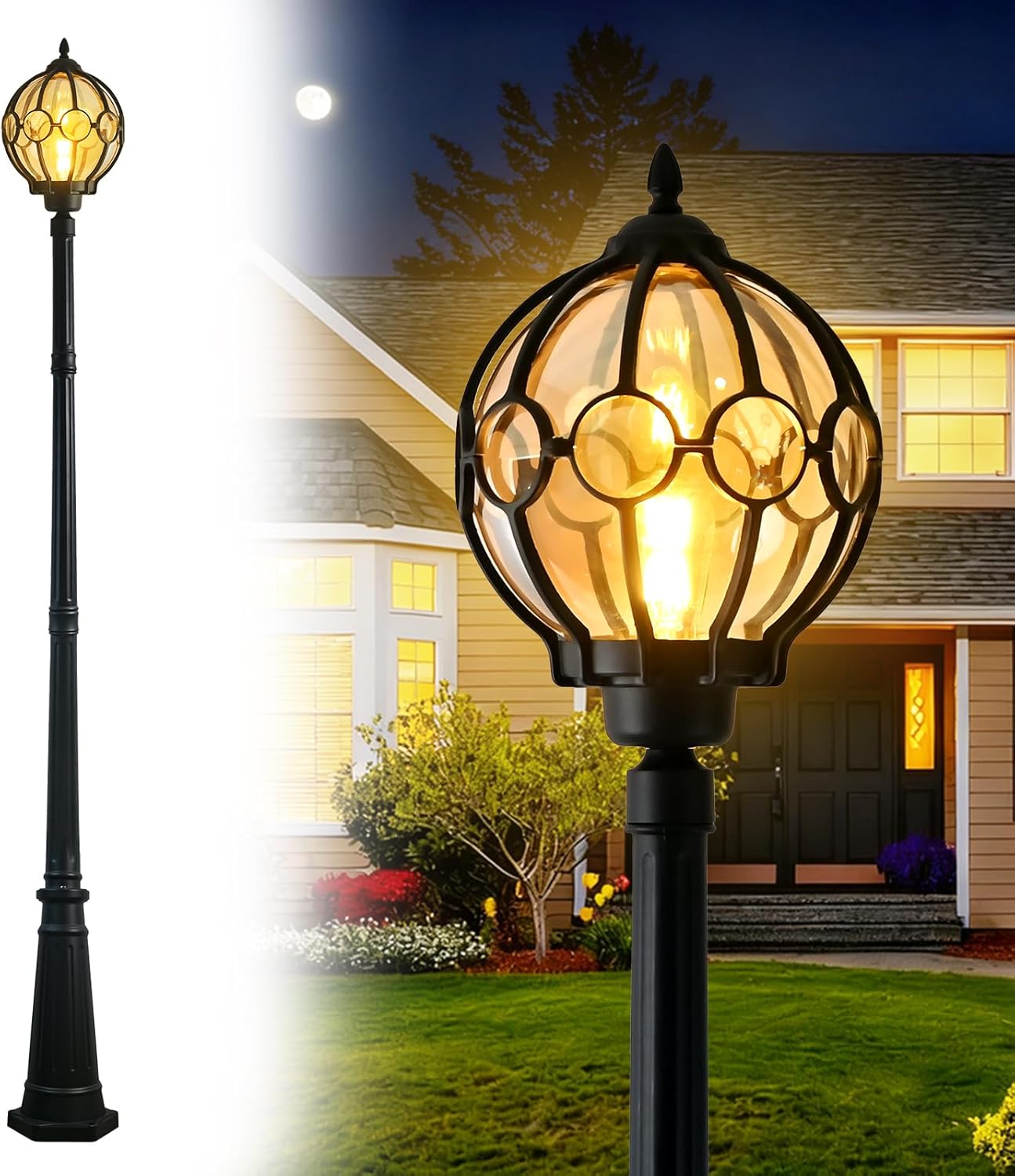 93In Outdoor Lamp Post Light E26 Hard Wired High Pole Post Lighting with Waterproof Amber Glass Shade Vintage Street Light for Outside Patio,Lawn,Landscape,Driveway,Garden,Backyard,Walkway