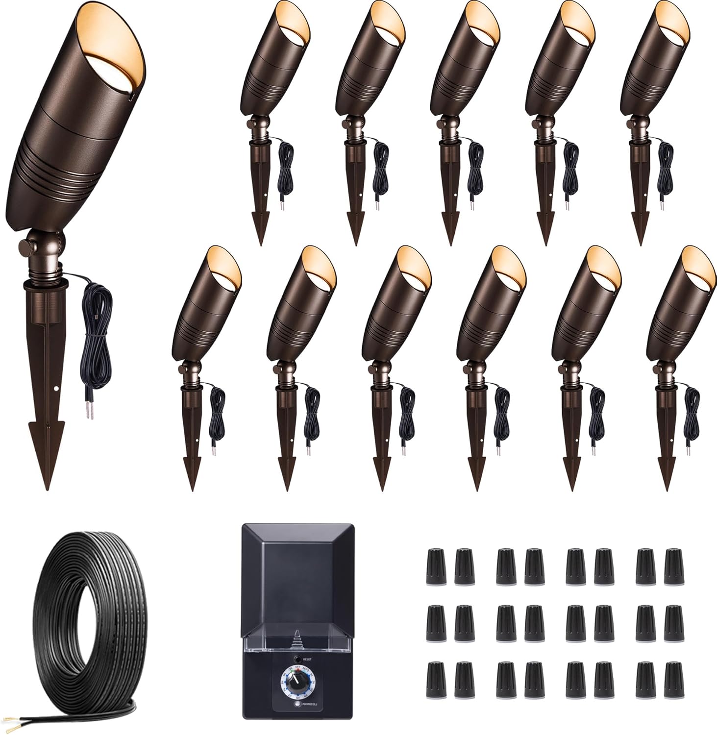 12v Landscape Lighting Kit, with 12 Pack 3CCT Spotlights and 200W Transformer and 250FT Cable and 40 Wire Connectors, Aluminum ORB Ip65 Waterproof Tree Light for Home Patio Plant