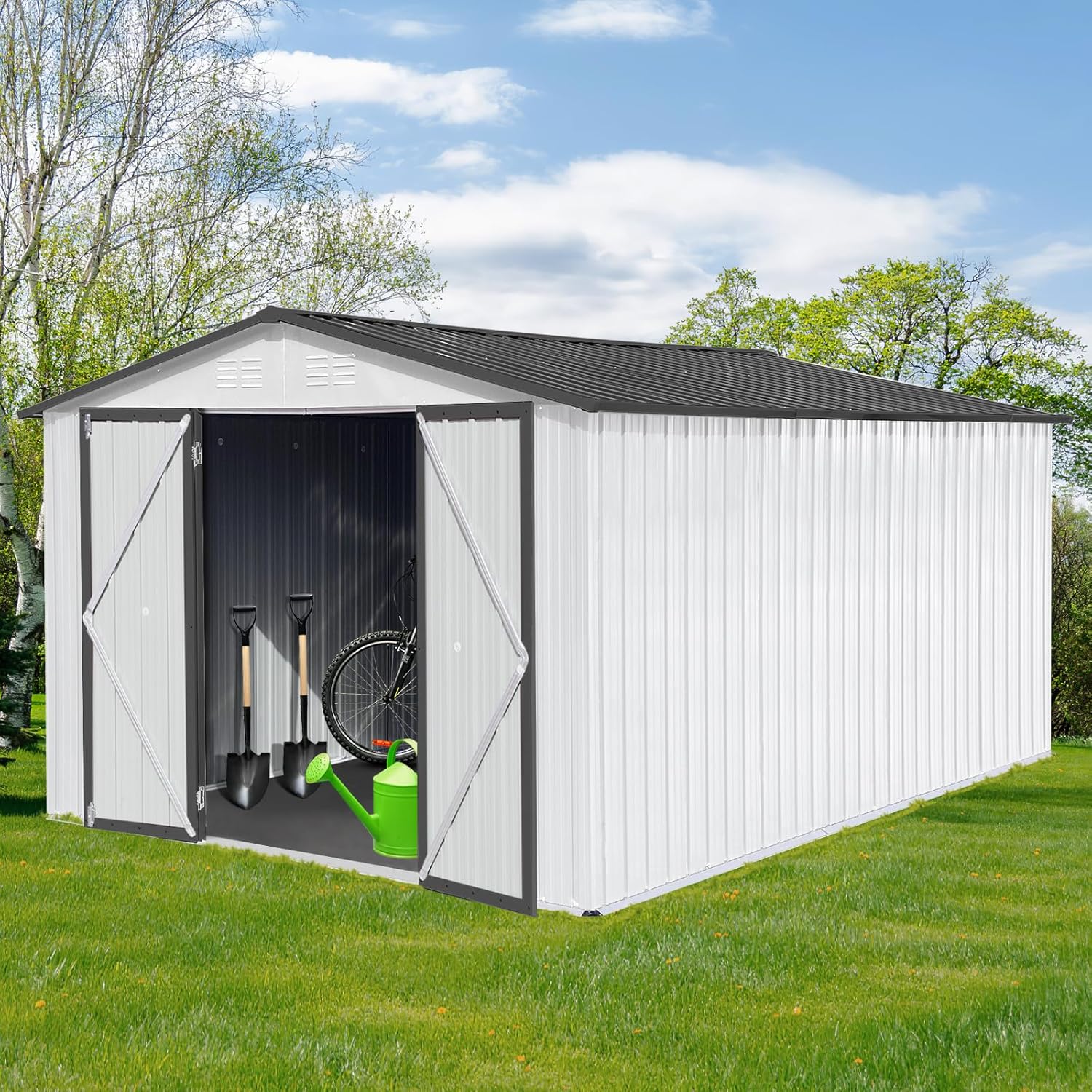 10x12 ft Outdoor Metal Storage Shed, Aluminum Frame and Galvanized Steel Plate Tool Shed with Lockable Door, Air Vent, Waterproof Garden Storage House for Backyard (Grey/White)