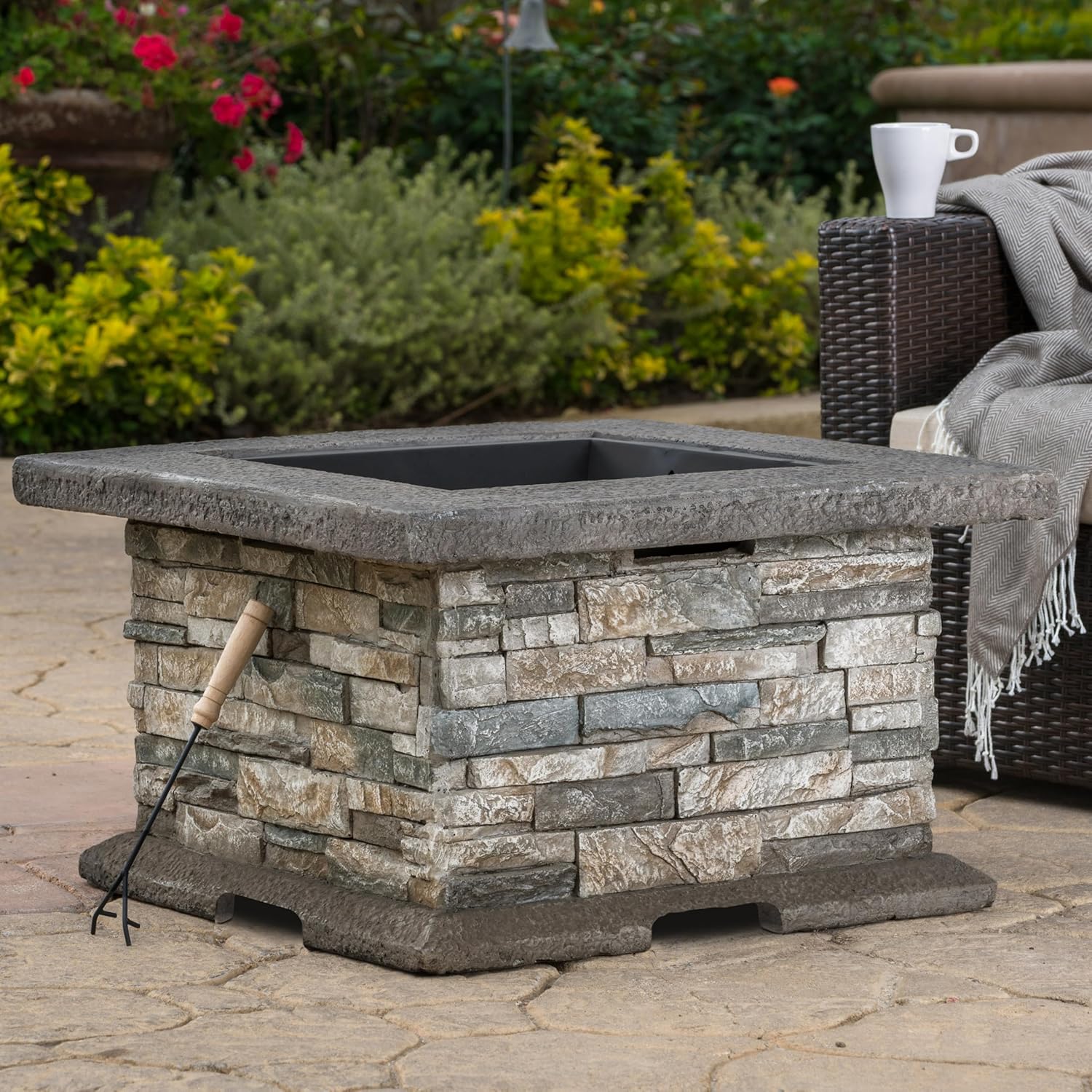 28-inch Square Outdoor Fire Pit, Stone Gray MGO Fire Pit Table with Mesh Cover & Poker Tool, No Assembly Required Patio Heater for Garden Deck 54537.00