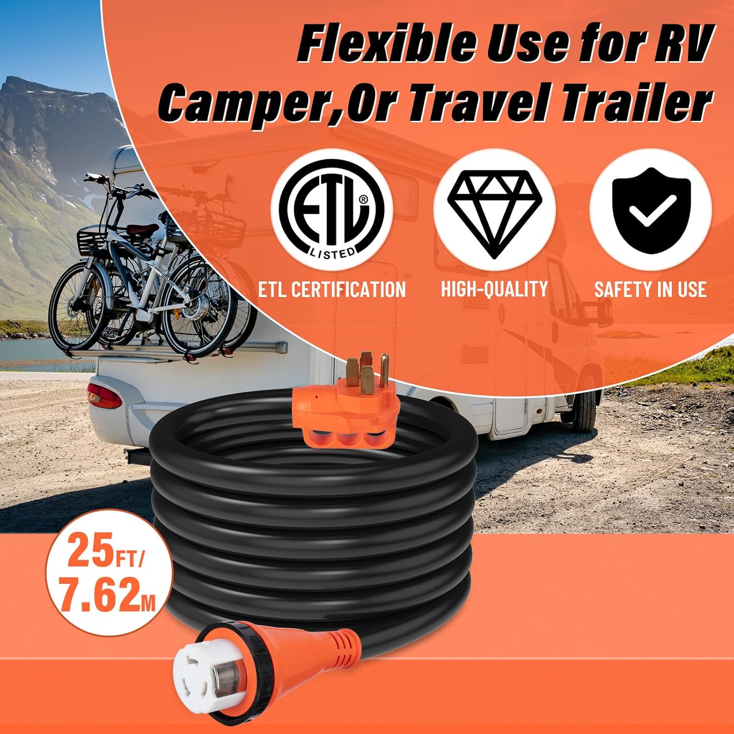 WELLUCK 50 Amp 25FT RV Power Extension Cord with Cord Organizer, Heavy Duty NEMA 14-50P to SS 2-50R RV Twist Locking Adapter Plug for RV Camper and Generator to House,RV Gauge, ETL Listed