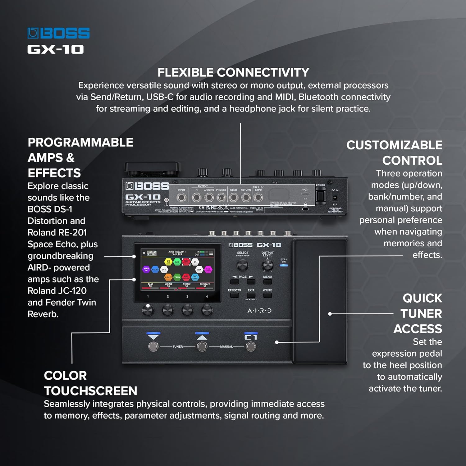 BOSS GX-10 | Compact Guitar & Bass Effects Processor | GX-100 Sound Engine | Colour Touch Display | 32 Amp Types & 170 BOSS Effects | Multi-mode Footswitches & Expression Pedal | AIRD Technology