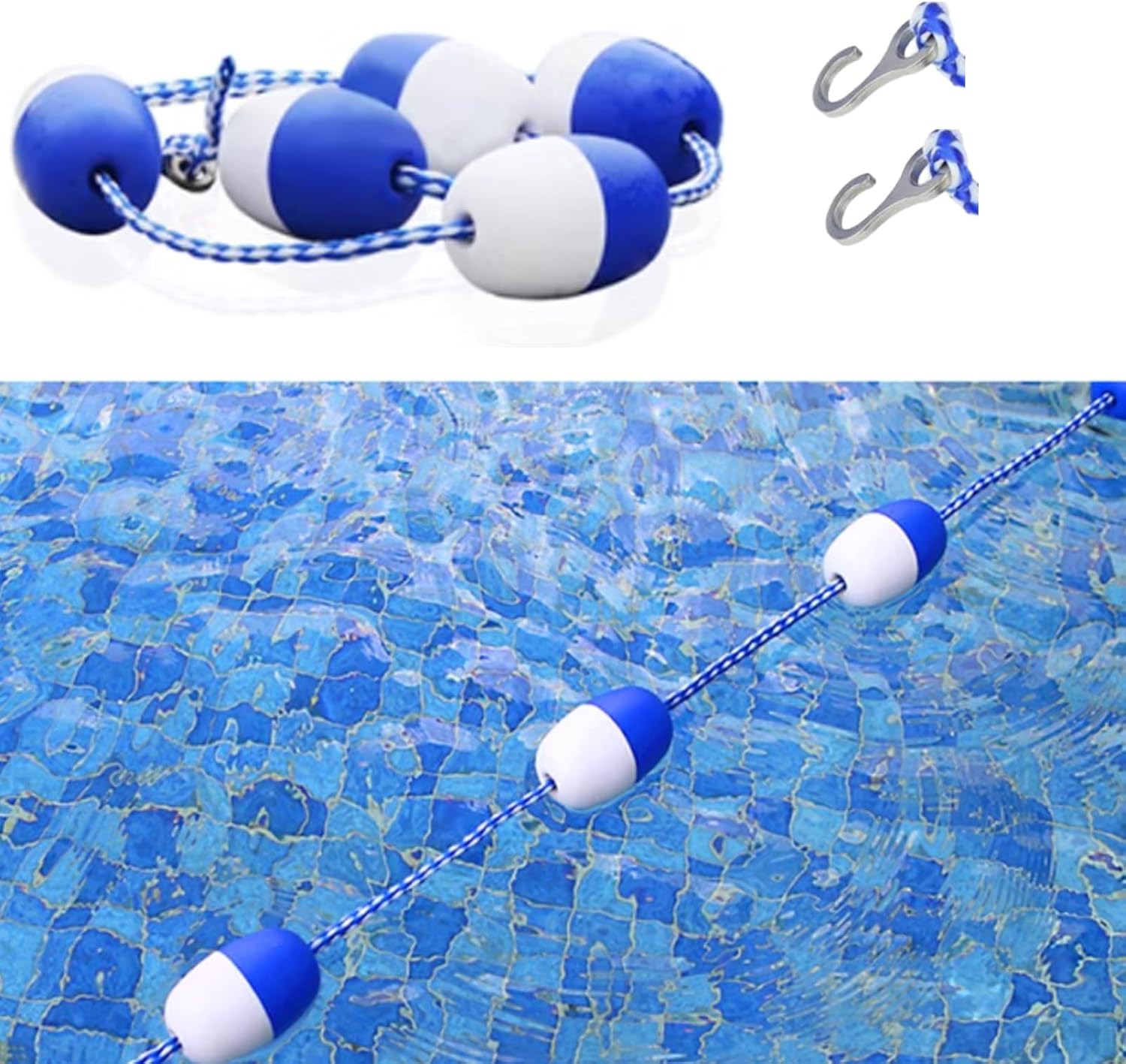 REMYS Swimming Pool Safety Float Line Divider Rope Swimming Pool Safety Floating Buoy Line, Bi Tone Floating Line with 2 Pre Assembled Stainless Hooks, Blue White Floats Rope Kit (Size : 46m/151ft)