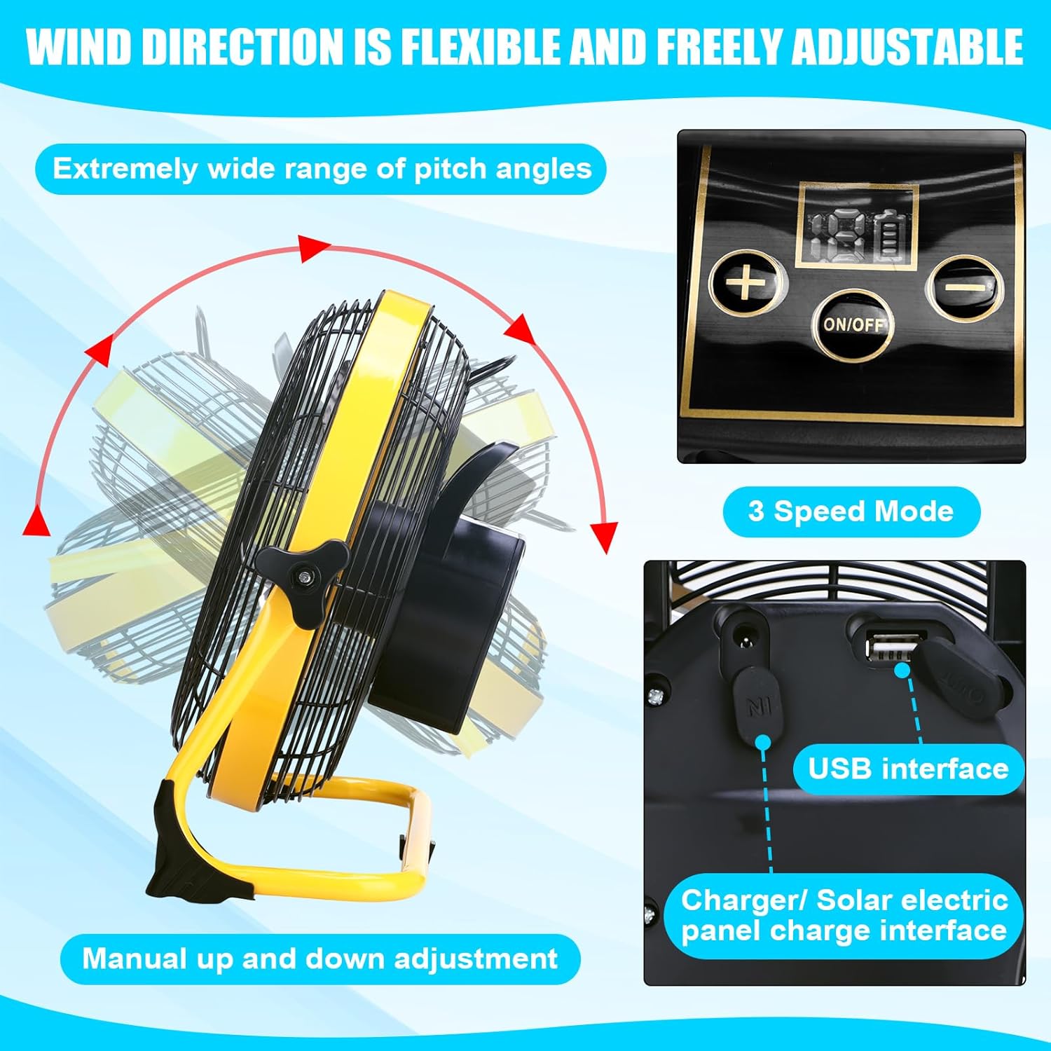 Sumind 12 Inch Solar Powered Fan 15000mah 20w Portable Ventilador Rechargeable Camping Fan Battery Powered with Panel and Light for Outside, Home, Travel, Chicken Coop, Shed, Greenhouse