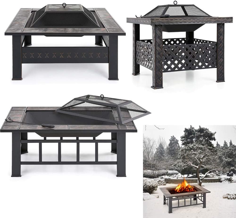 Outdoor Fire Pit Table, Multifunctional Garden Terrace Fire Bowl with Stainless Steel Grill and Log Poker, for Outdoor and Patio,Outdoor Fire Pits