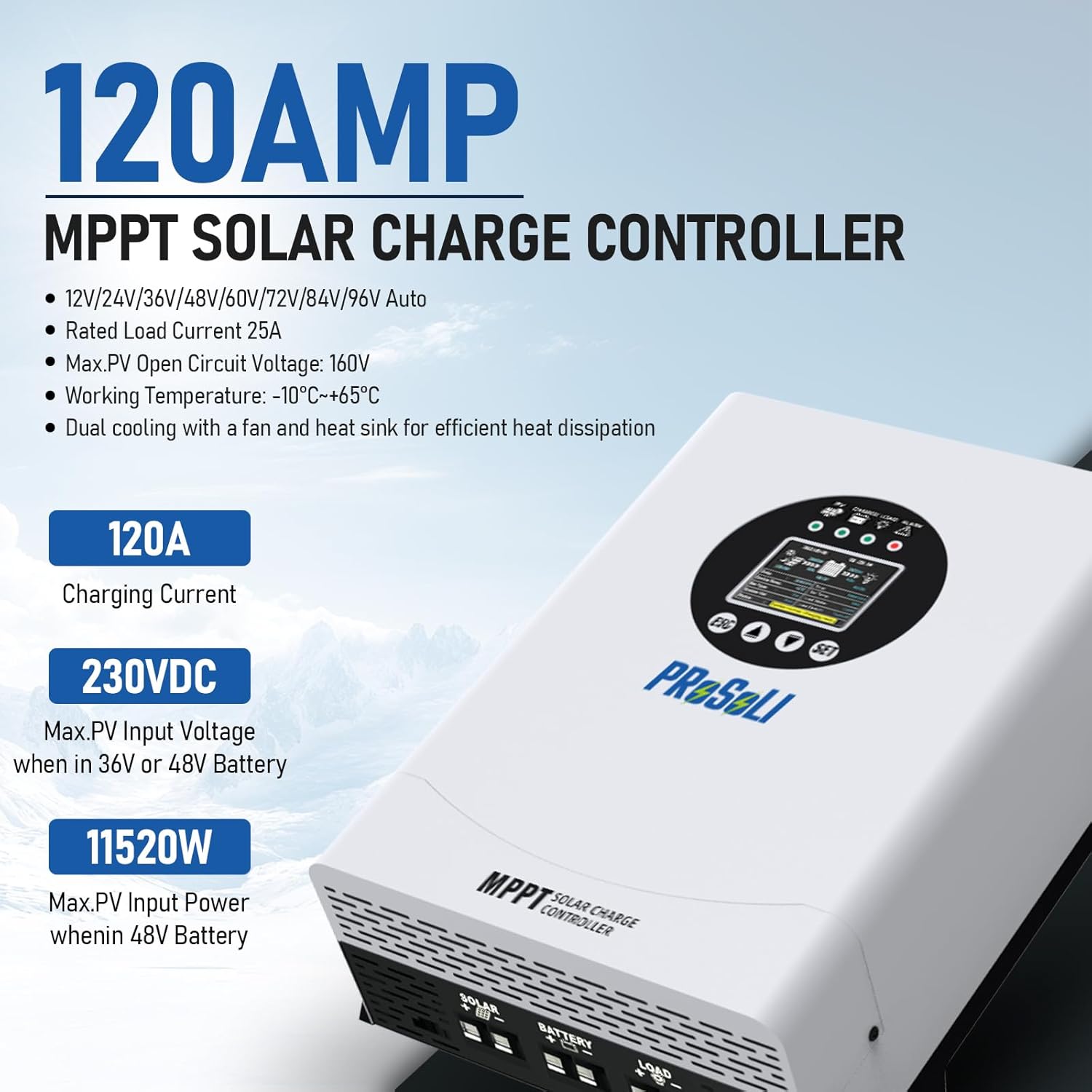 120A MPPT Solar Charge Controller, Max PV Input 230V, 12V 24V 36V 48V 60V 72V 84V 96V Auto, 120amp w/Large Solar Panel Charge Controller Intelligent Regulator for FLD/LiFePO4/SLD/GEL/AGM