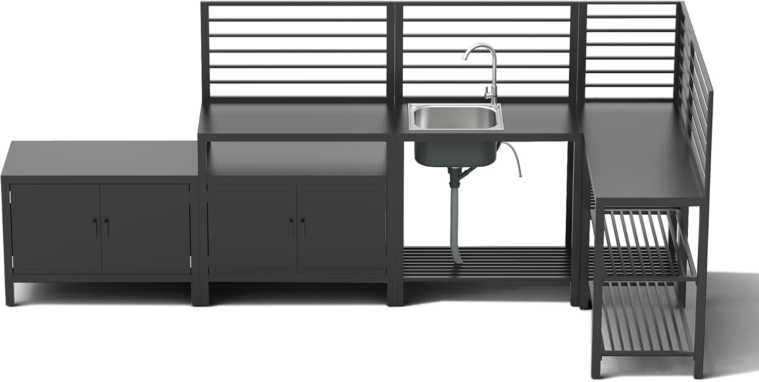 Domi Outdoor Kitchen Island, 5-Piece Modular Kitchens Counter with Whole Aluminum Finish & Shelf & Wall Hanging & Countertop & Sink & Storage Box & Cover, Kitchen Series for Deck Patio, Dark Gray