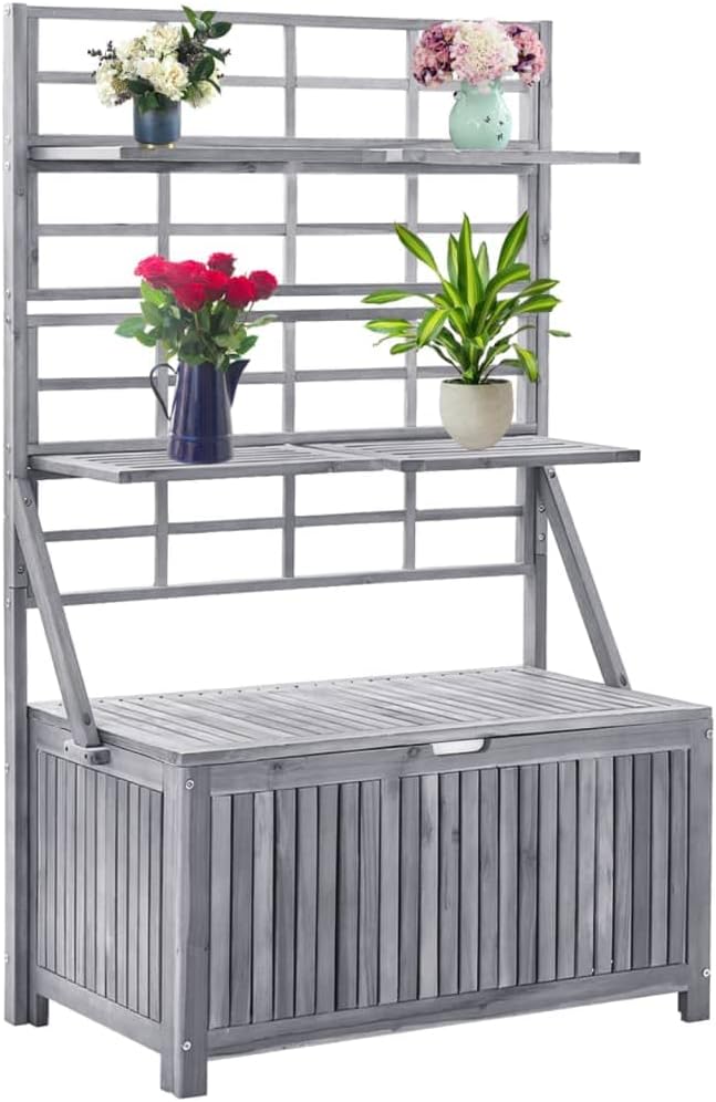Storage Box with Trellis,deck box,outdoor storage box,Features 4 shelves,Shelves can be adjusted in position,Includes waterproof inner bag,Gray 39
