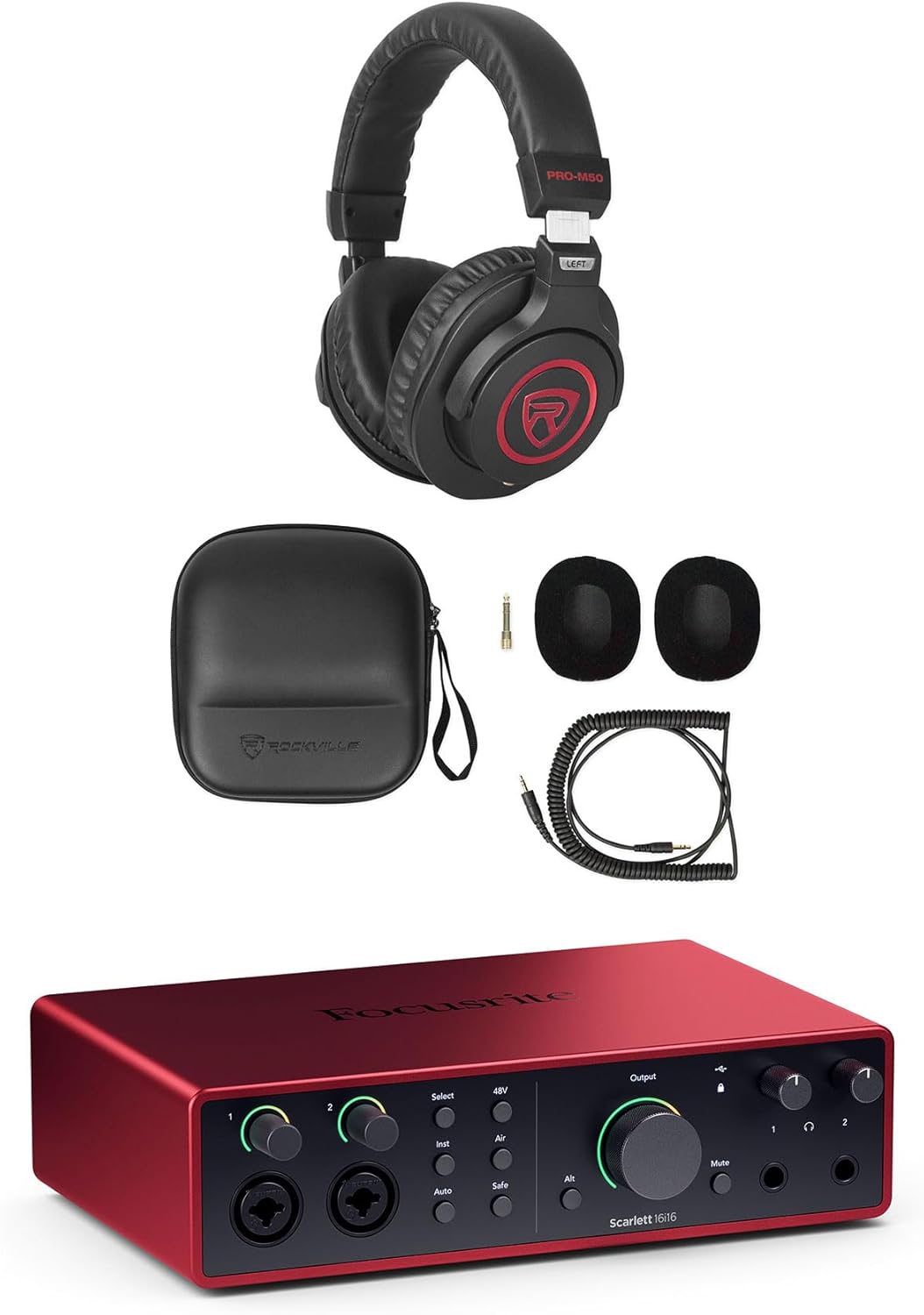 Audiosavings Bundle: Focusrite SCARLETT 16I16 4G 4th Gen 24-bit 192 kHz Audio Recording Interface Bundle with Rockville PRO-M50 SR Studio Headphones+Detachable Coil Cable+Case+Extra Ear Pad (2 Items)