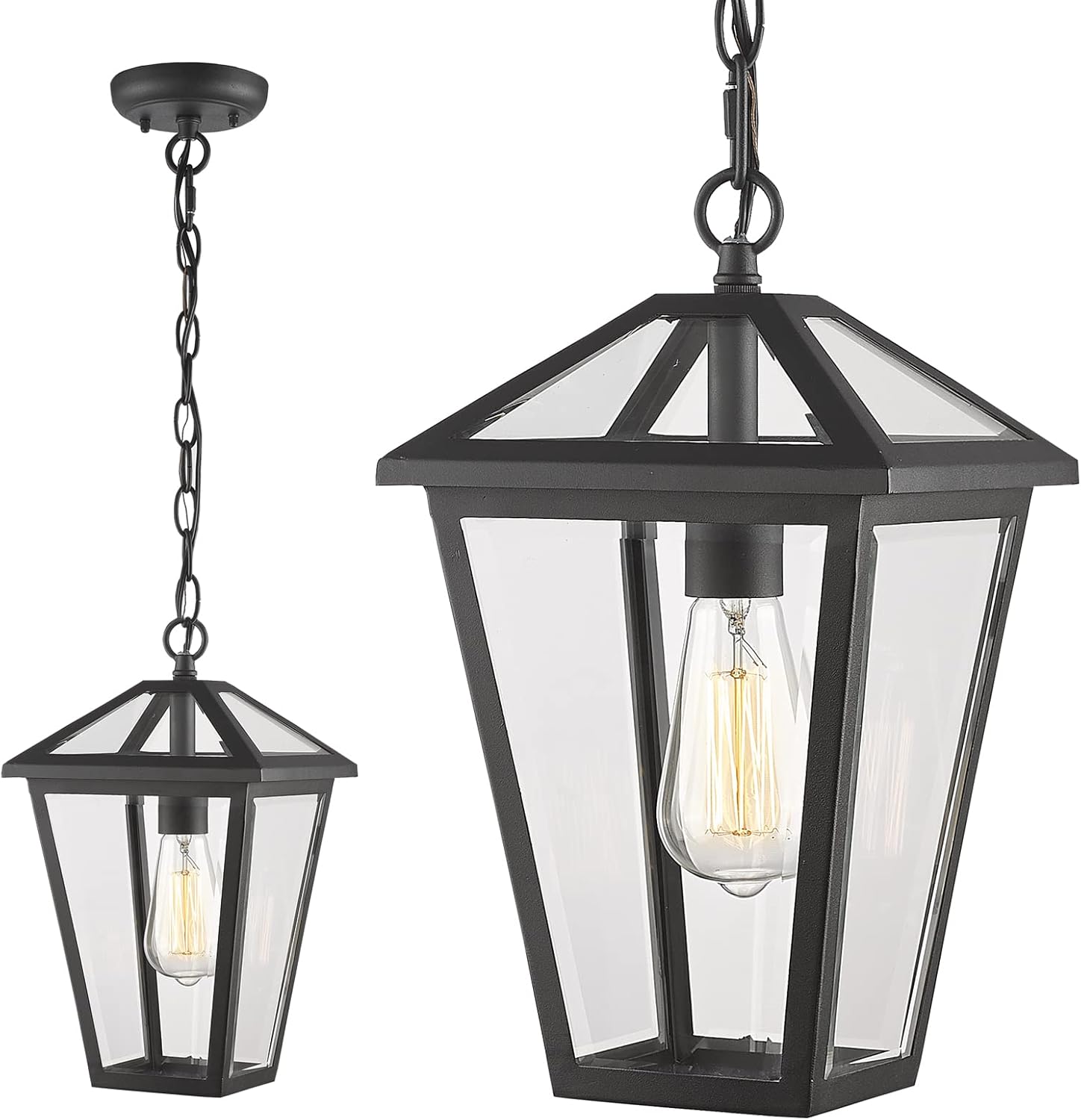 Outdoor Pendant Light for Porch, Exterior Hanging Lantern Outside Chandelier in Black Finish with Clear Glass, Ceiling Mount Outdoor Lighting for Entryway, Doorway, Farmhouse, Waterproof