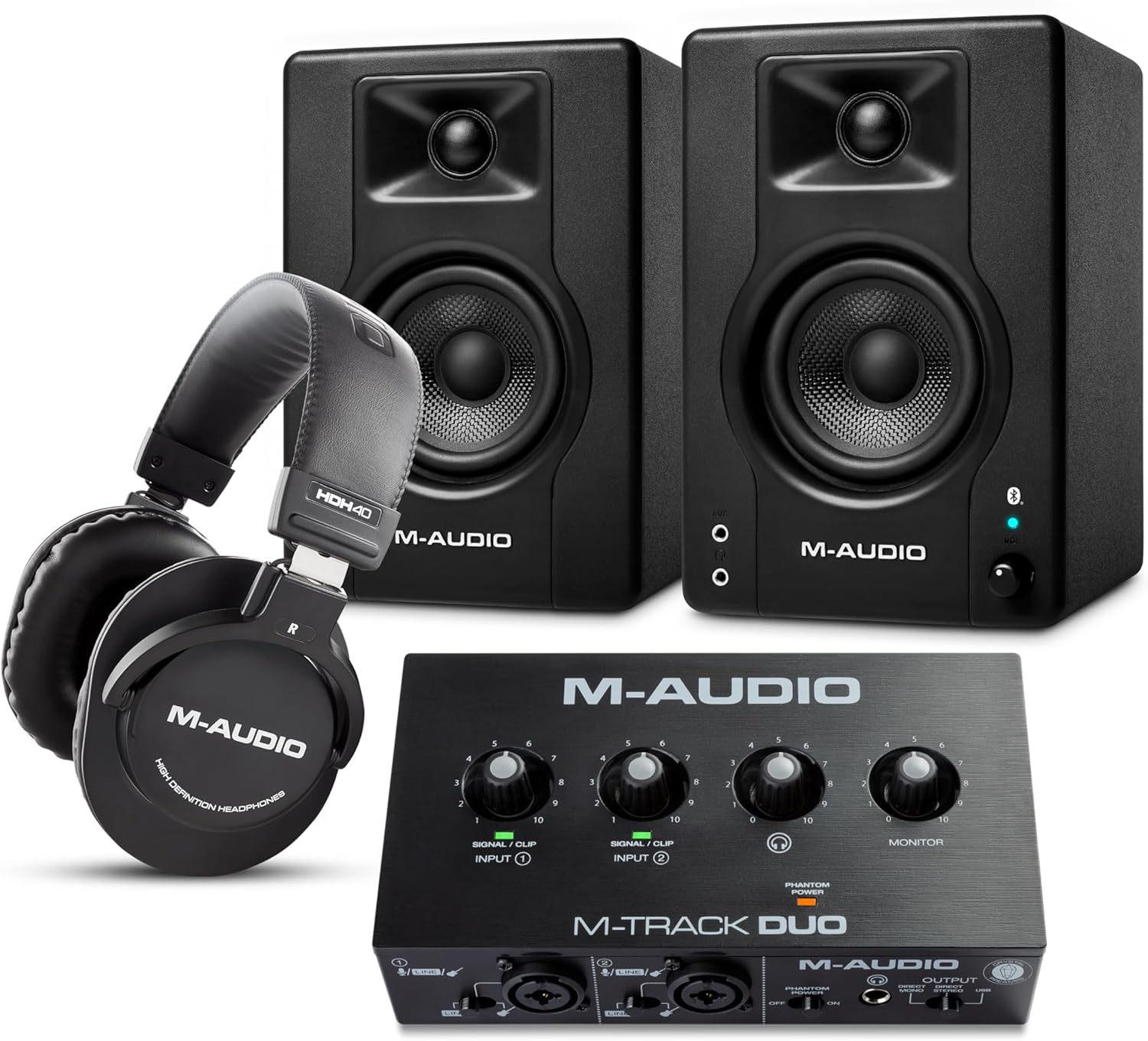 M-AUDIO BX4 Pair Bluetooth Studio Monitors Bundle with Dual XLR Audio Interface and Headphones for Studio Recording, Music Production, Podcasting, Streaming