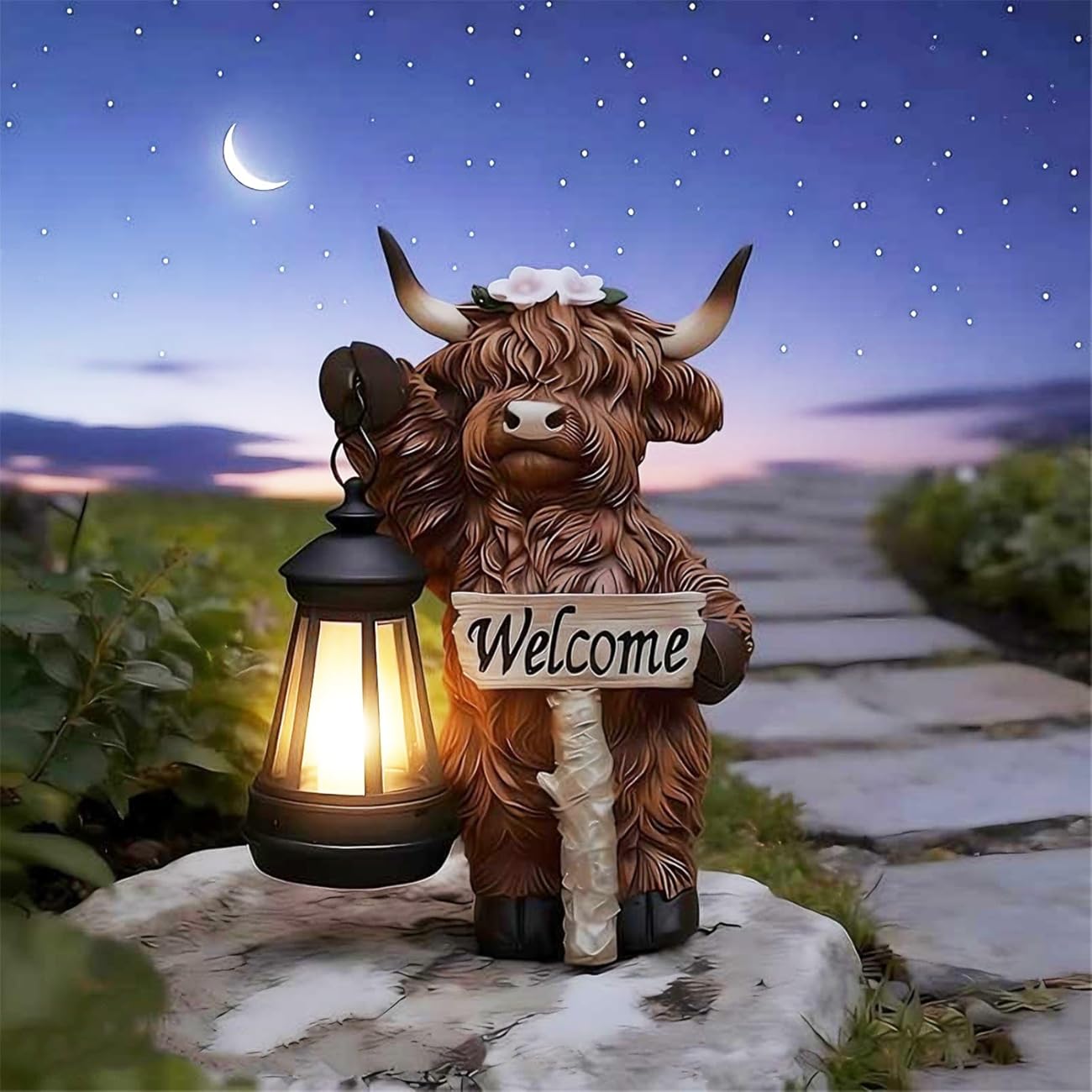 Solar Highland Cow Welcome Sign Statue - Resin Garden Figurine Holding Lantern, Cute Scottish Cattle Sculpture for Front Porch, Entryway, Outdoor Lawn Housewarming Gift(The bull's right-hand lamp)