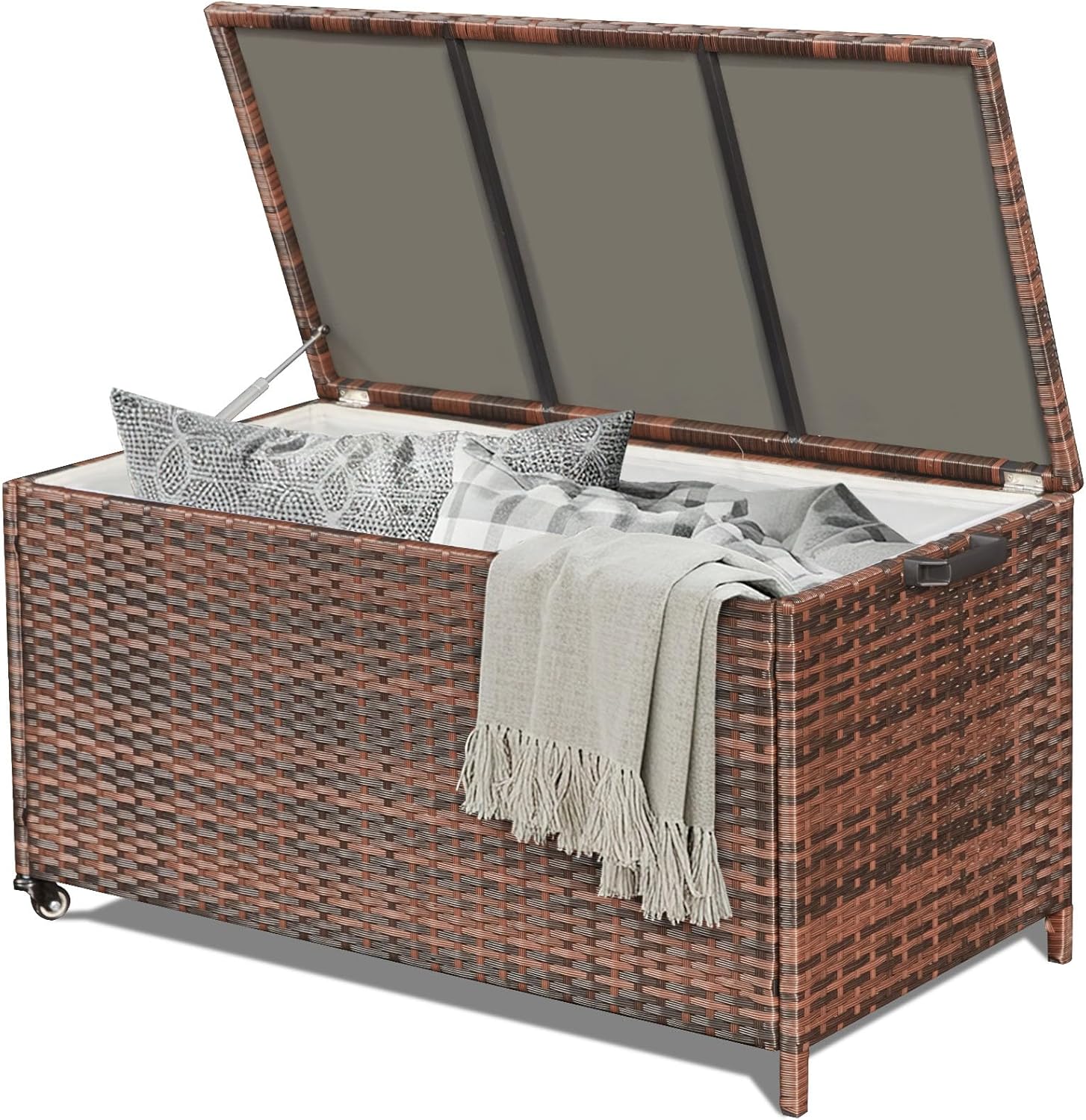 AVAWING Wicker Deck Box, Outdoor Storage Box with Portable Wheels and Handles, Patio Rattan Container for Garden, Balcony, Yard (Brown, 70 Gallon)