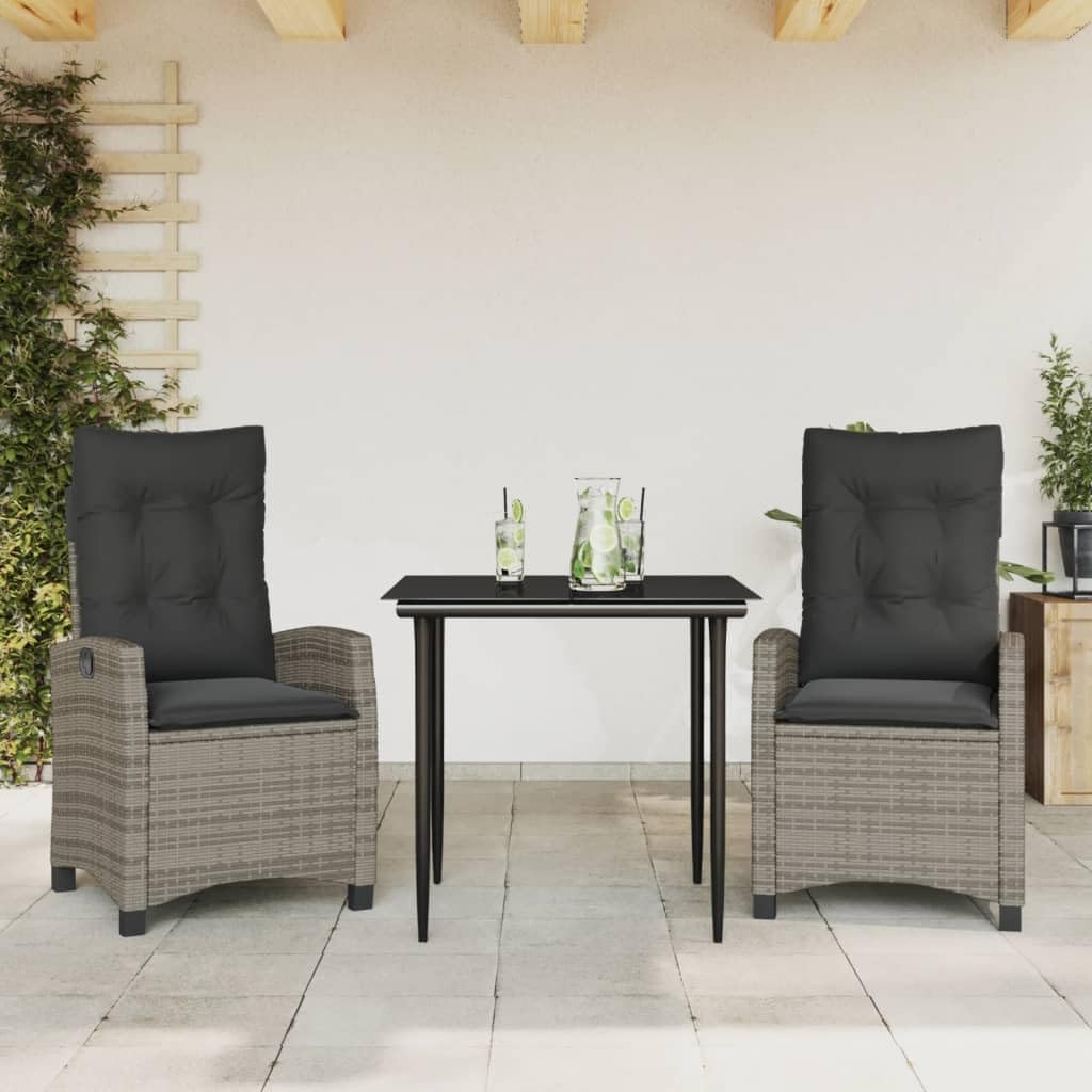 3 Piece Patio Dining Set with Cushions Gray Poly Rattan,Premium Outdoor Patio Dining Set with Adjustable Backrests and Tempered Glass Table Furniture Sets for Patio, Lawn & Garden
