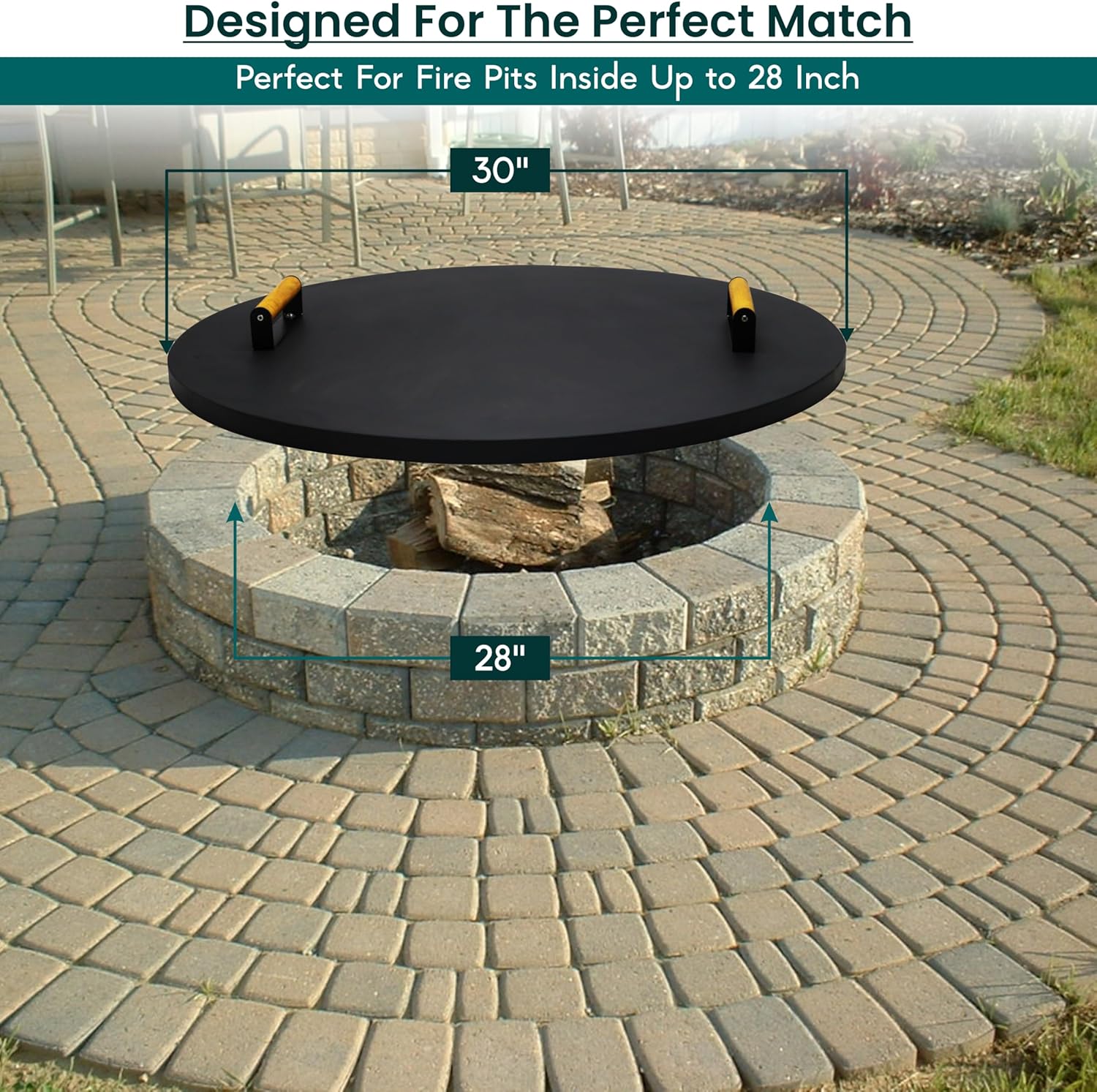 30” firepit lid round for inside up to 28” gas fire pit lid for Outdoor Fireplace Cover Lid Steel fire pit metal cover W/ 2 Wooden Handles & Heat Resistant Snuffer Lid for Round Patio Fire Pit Ring