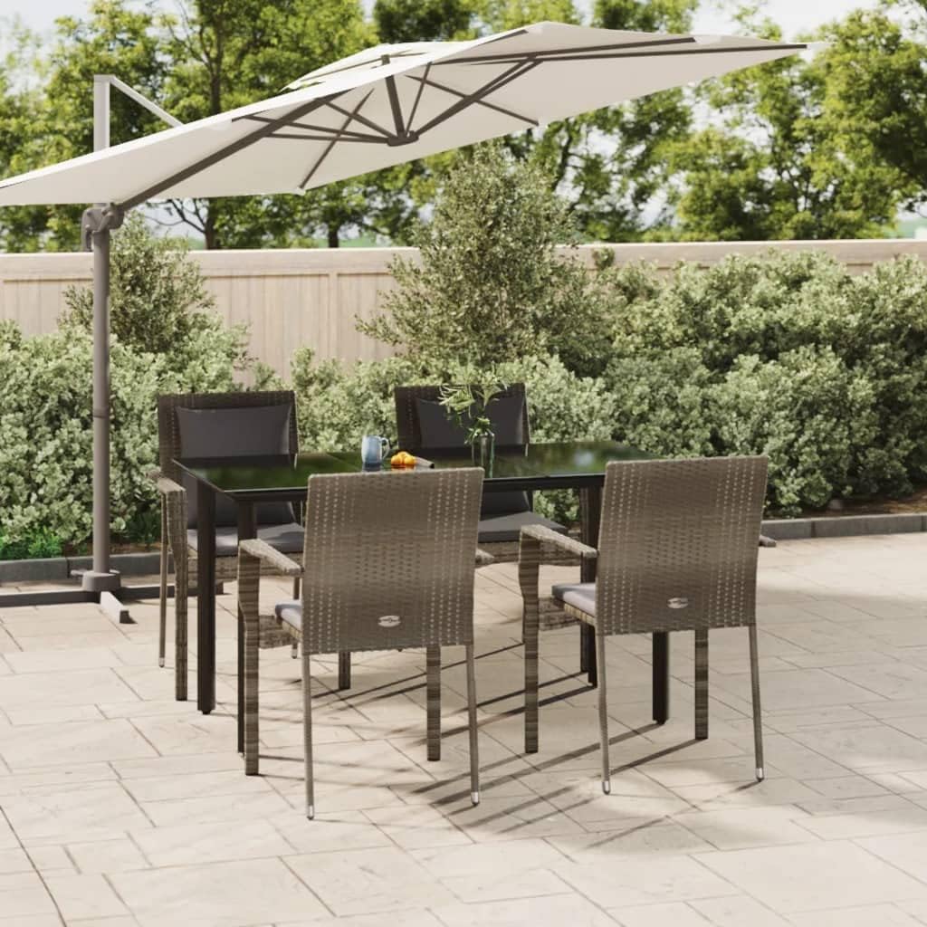 5 Piece Patio Dining Set with Cushions Black and Gray Poly Rattan Garden Furniture