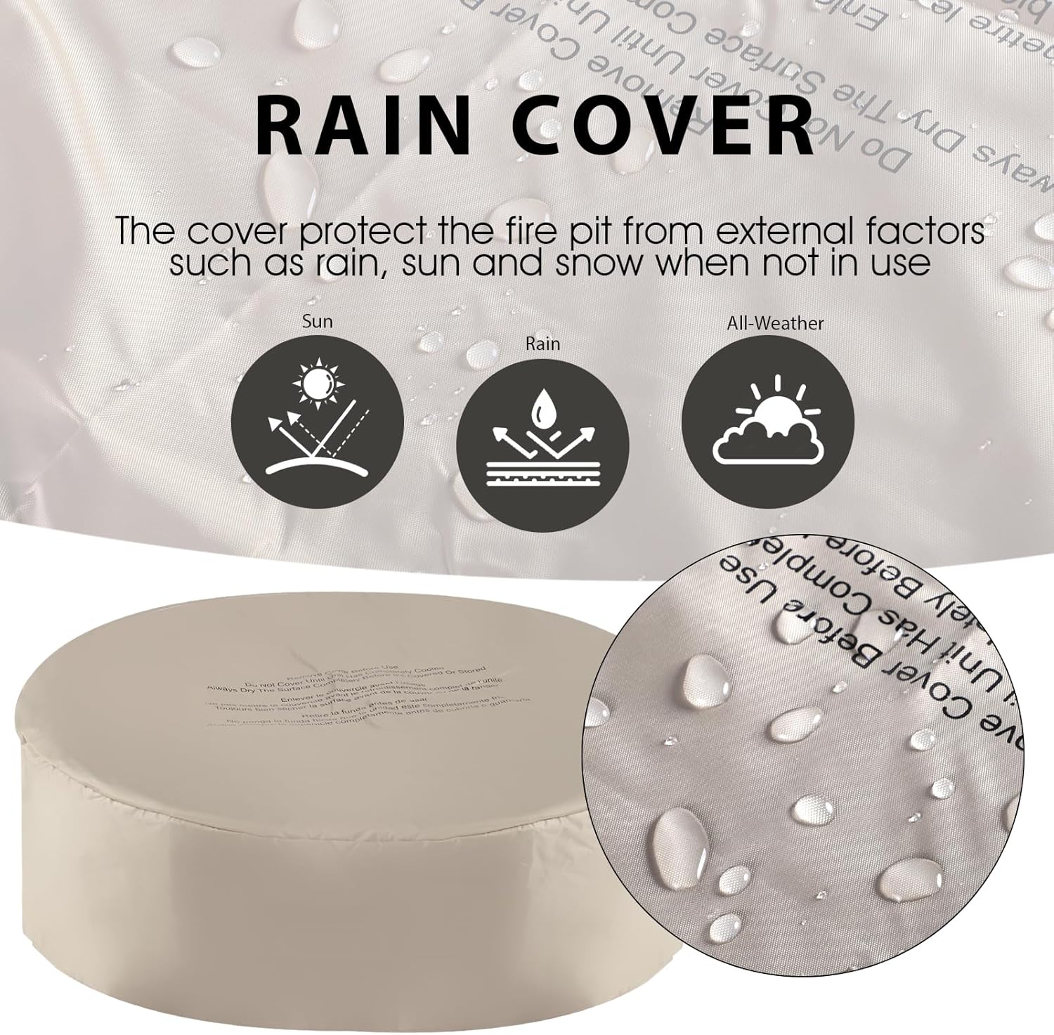 2-Piece Outdoor Propane Fire Pit Table Set w/Tank Cover Table, 31.5-inch 50,000 BTU Bowl Concrete Firepit SUS201 Round Burner with Steel Lid, Lava Rocks, Rain Cover…