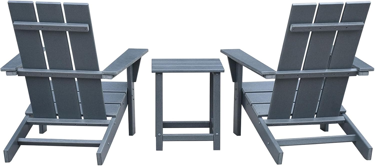 3-Piece Adirondack Chairs Set of 2 and Patio Table,Plastic Patio Firepit Chair with Cup Holder& High Backrest, Adirondack Chair for Outdoor, Patio, Garden, Beach(Grey-3)