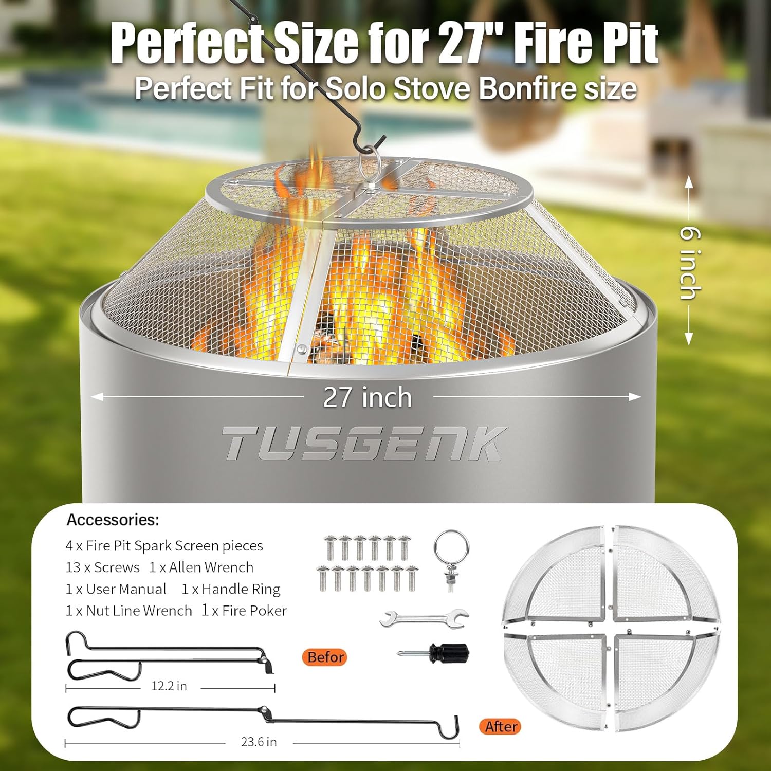 Fire Pit Spark Screen for Solo Stove Bonfire Yukon Accessories, 27 Inch Yukon Shield for Solo Stove Accessories, 304 Stainless Steel Detachable Mesh Fire Pit Spark Protector with Grill Function