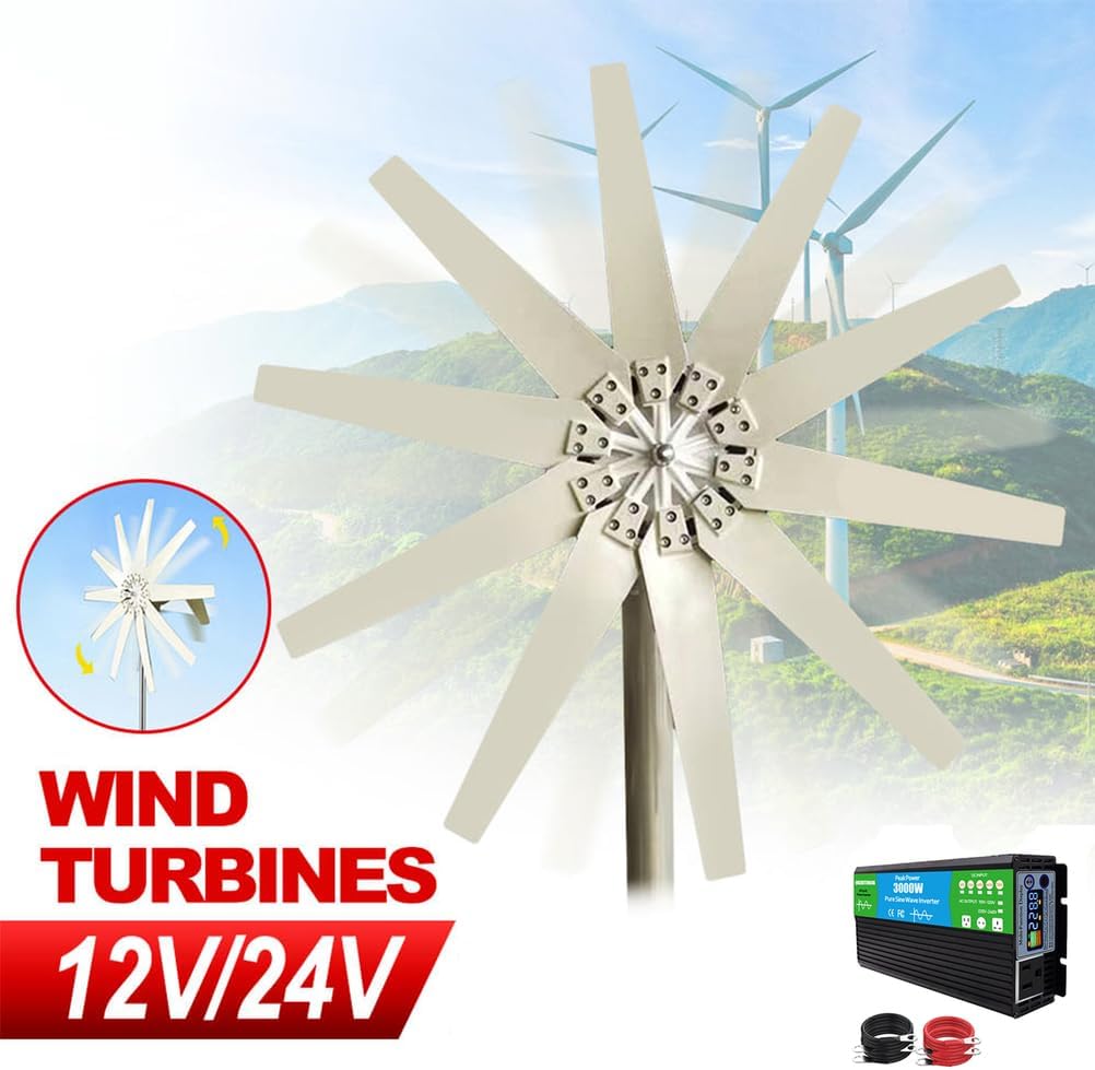 3000W New Energy Horizontal Wind Turbine Generator, 12V 24V 48V with 10 Blades MPPT Controller Small Wind Turbine for Home Factory Use (Low Noise)