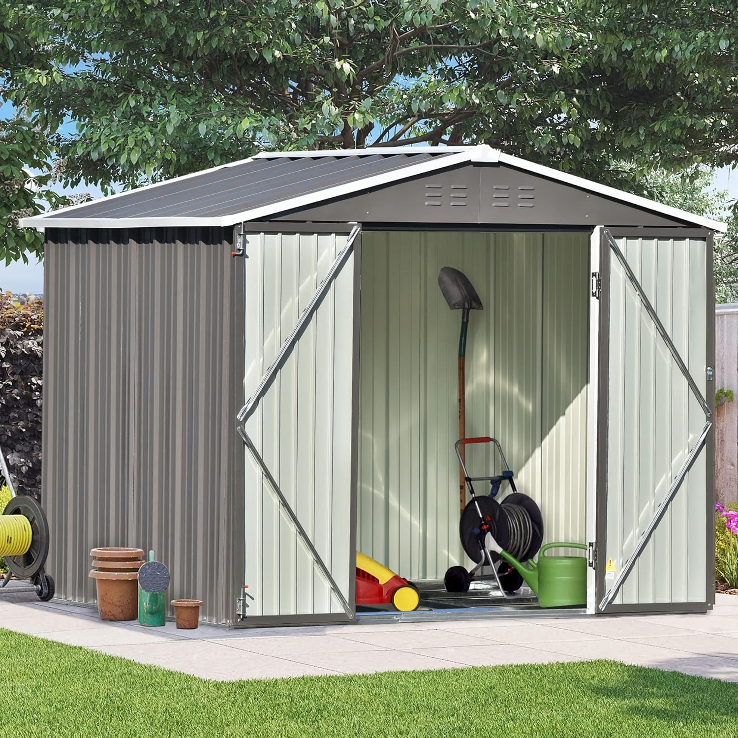 8x6 Ft Outdoor Storage Shed, Metal Bike Shed Garden Shed with Vents/Lockable Door/Lean Roof, Tool Cabinet for Backyard, Lawn, Garden (Gray+Bike#)