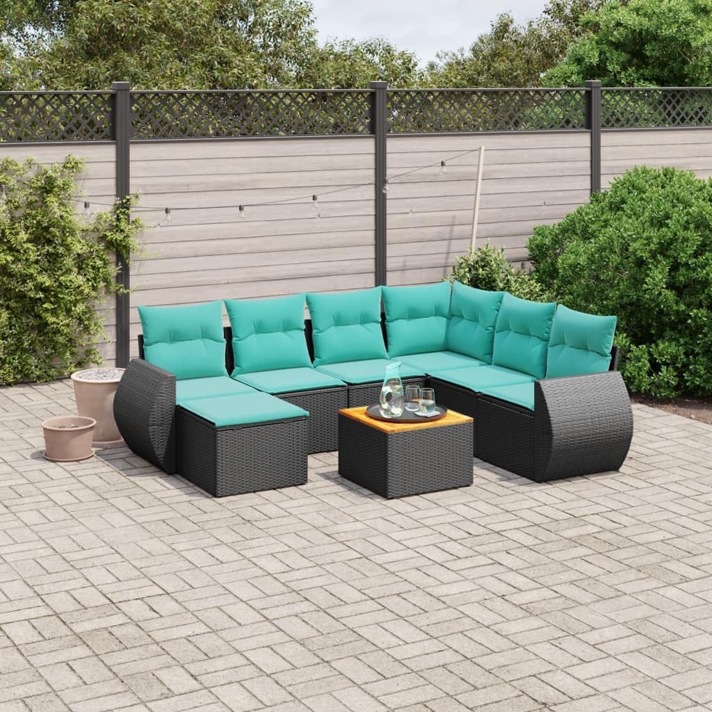8 Piece Patio Sofa Set with Cushions, Black Poly Rattan Outdoor Furniture, Modular Design with Acacia Wood Table, UV-Proof for Balcony, Garden, Terrace