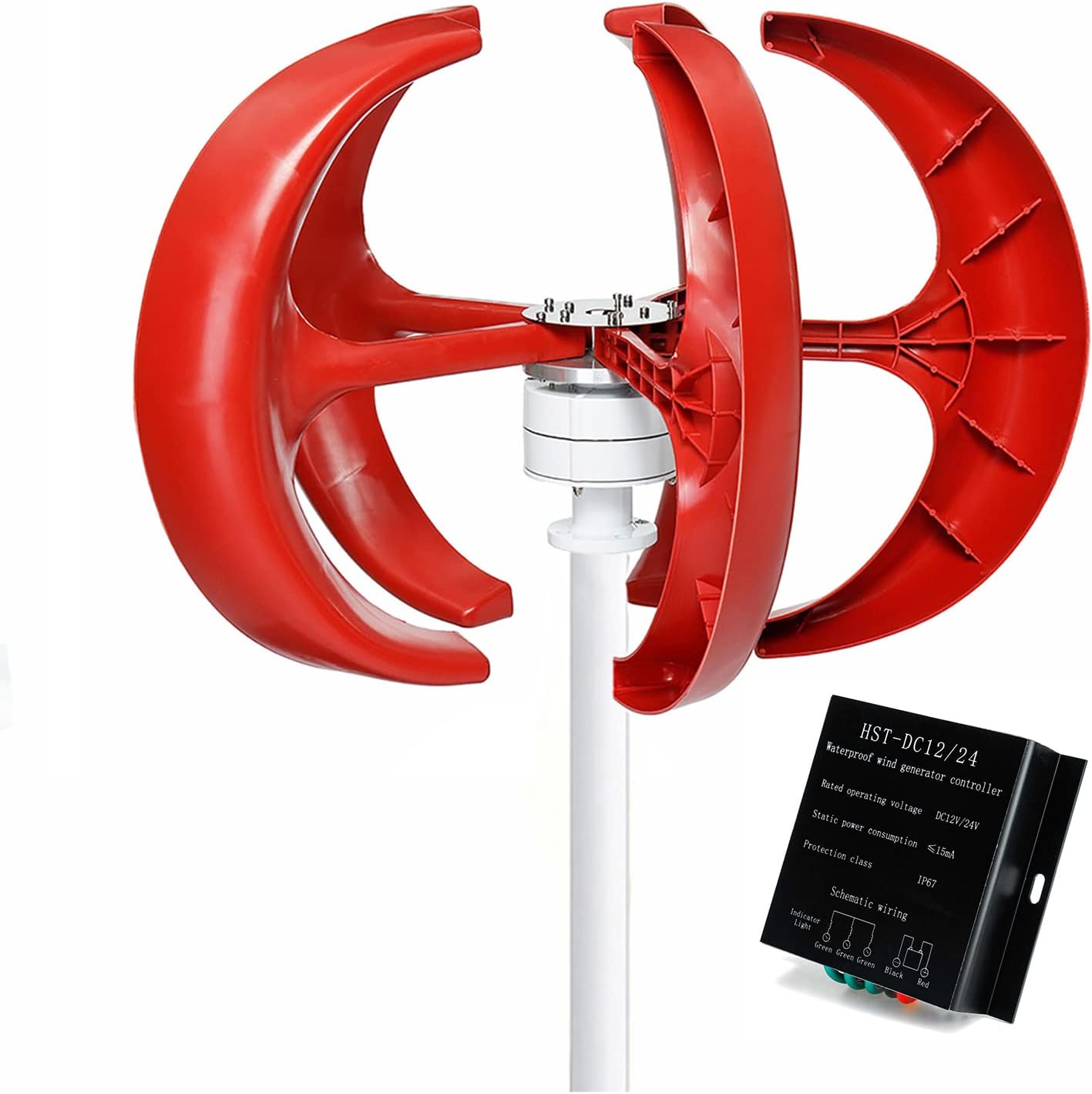 12000W 48V 24V 12V 5 Blades Lantern Wind Turbines Generator+Controller Vertical Axis Wind Turbine Motor Kit for Home Hybrids Streetlight Use Electromagnetic(Red)