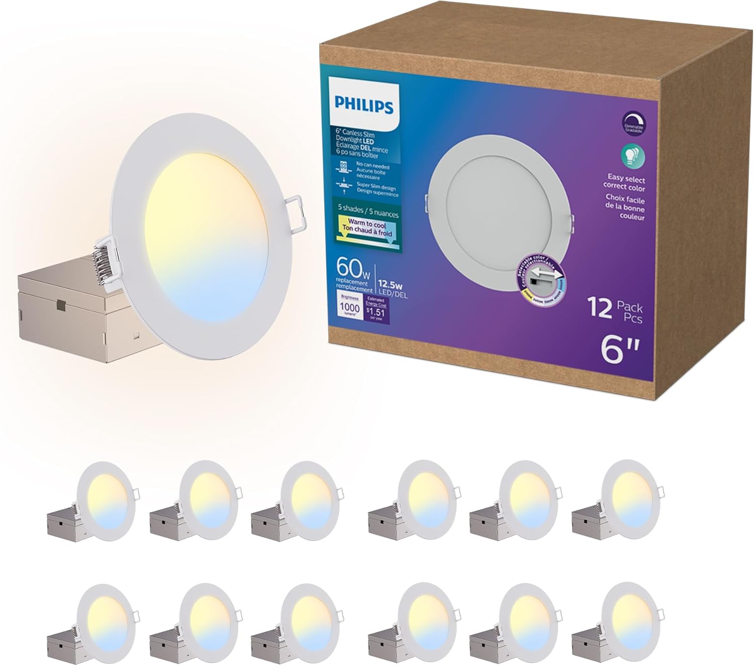PHILIPS LED 60W Slim 6-inch Canless Downlight 12-Pack Selectable White Multi-CCT 1000 Lumen (12.5W = 60W) Dimmable No Housing Required