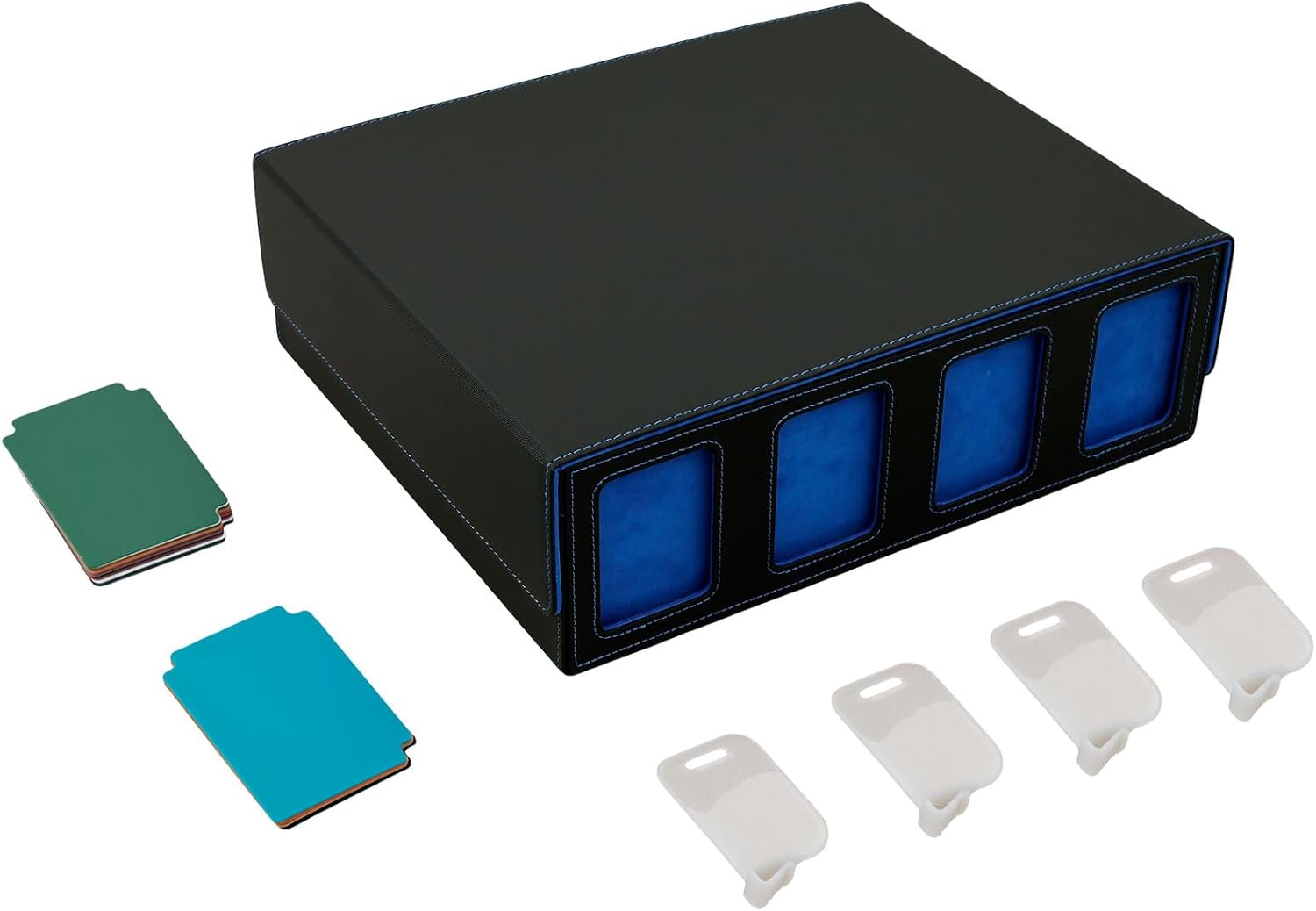 Card Deck Case With Viewing Windows Magnetic Closure Game Cards Box 4 Rows Trading Card Storage Box With Dividers and Supporters for Game Cards.(Black Azure)