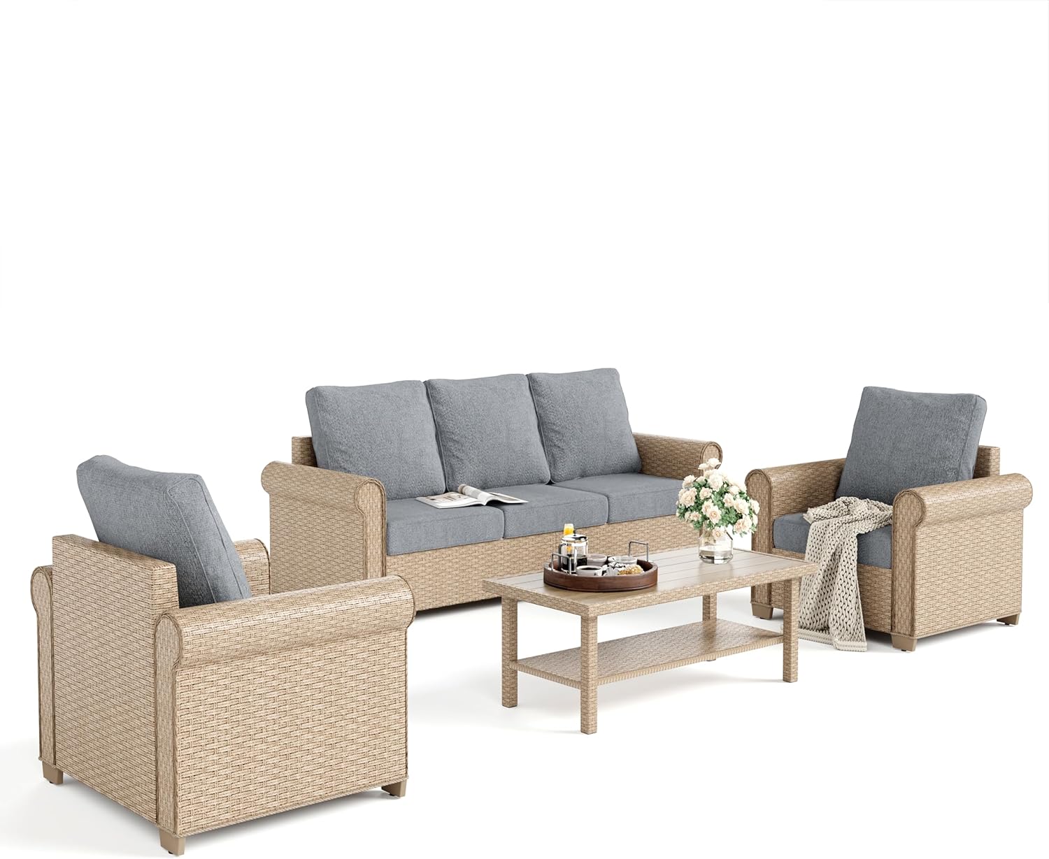 HERA'S HOUSE 4-Piece Patio Furniture Set, All Weather 5 Seats Outdoor Wicker Sofa with 44