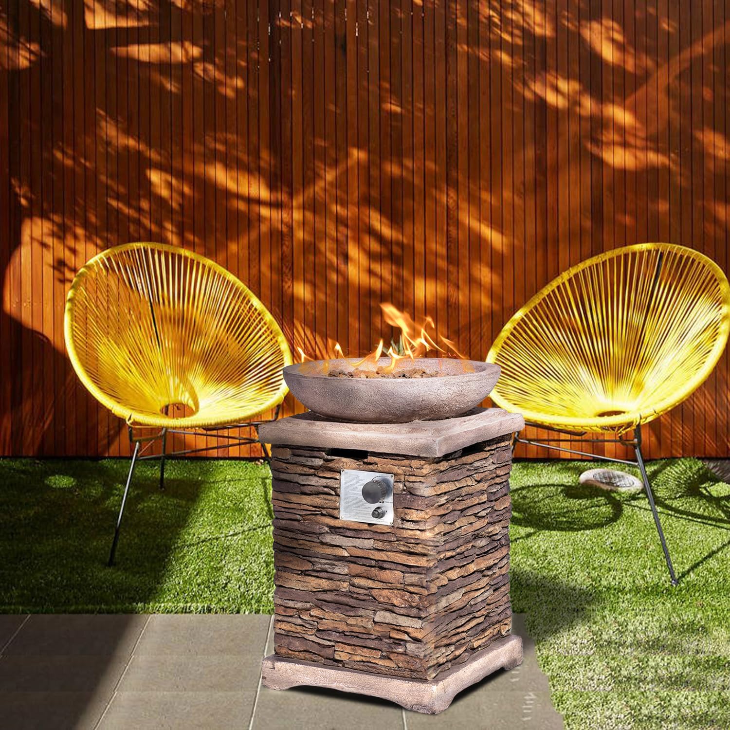 AQUILLA Propane Gas Fire Pit, Stone Imitation Surface, Outdoor 40000 BTU Heater w Free Lava Rocks and Rain Cover, Can Fits 20 Gal Propane Tank (exclud) Inside for Garden, Poolside, Backyard