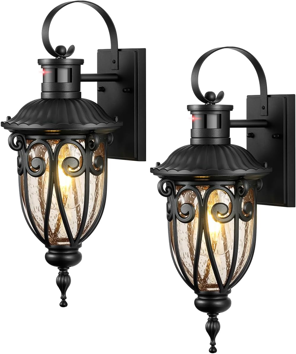 VIANIS Motion Sensor Outdoor Lights, Dusk to Dawn Outdoor Motion Sensor Light, 2 Pack Exterior Lighting Fixtures with Seed Glass,Black Outside Lights for House, Garage, Front Porch, Anti-Rust