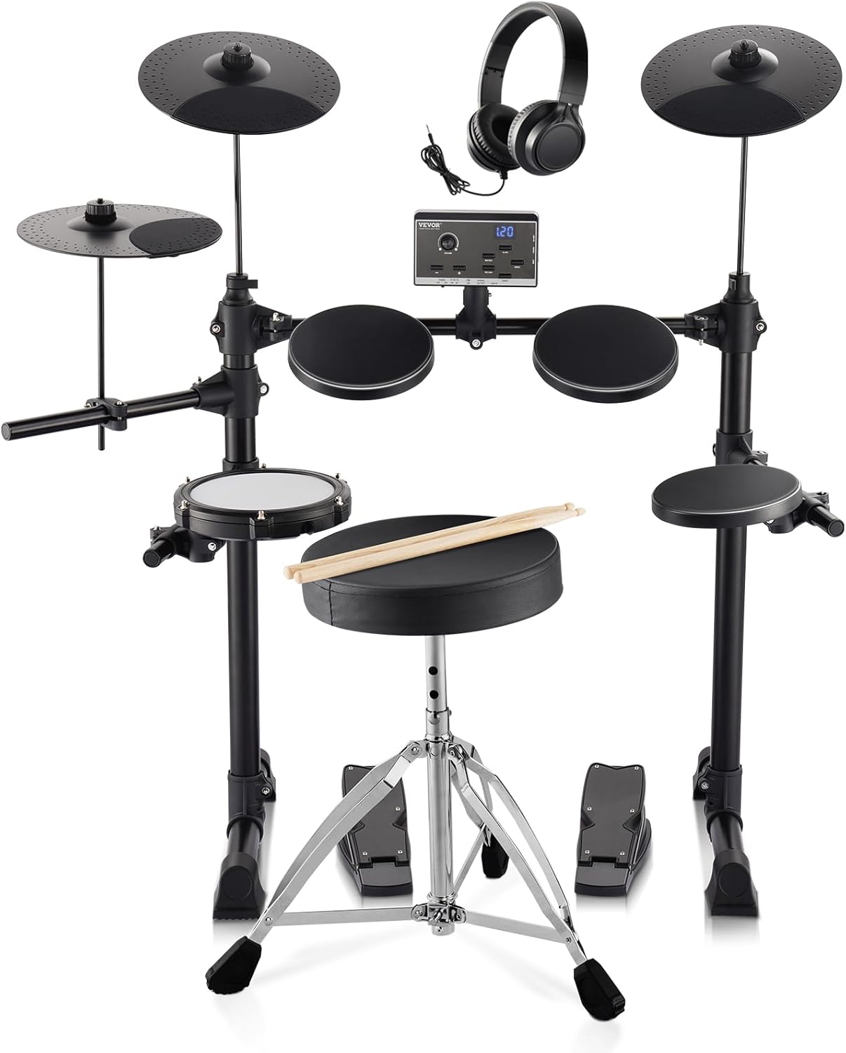 VEVOR Electric Drum Set, 15 Drum Kits & 150 Sounds Electronic Drum Kit, USB MIDI Supported 6.5 in Quiet Mesh Snare Electric Drum Set with 10 in Cymbals Drum Sticks & Headphone, for Beginners & Adults