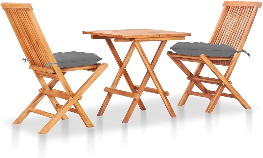 3 Piece Bistro Set with Gray Cushions Solid Teak Wood,Teak Bistro Set with Folding Table and Chairs for Garden, Patio, and Dining Patio Furniture Sets, Outdoor Furniture Sets