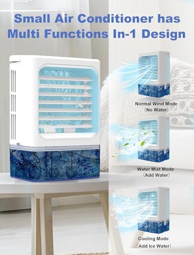 Portable Air Conditioners, 3 Wind Speeds 900 ML Water Tank Quiet Portable AC, Cool Mists Humidifier & 2/4H Timer Evaporative Air Cooler, 7 Color Light Personal Cooling Fan for Home Office Bedroom