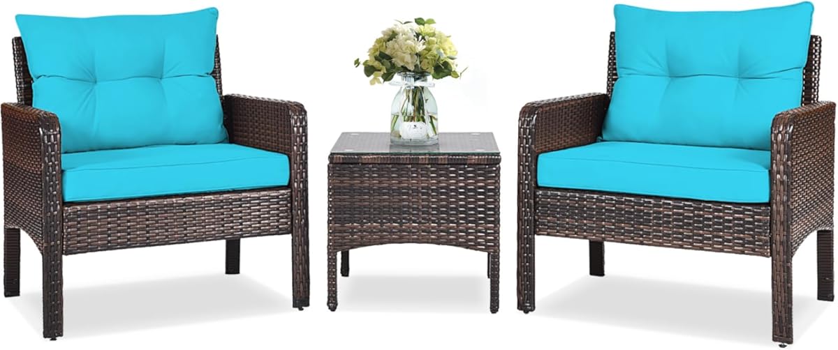 RELAX4LIFE 3-Piece Patio Furniture Set, PE Rattan Wicker Outdoor Conversation Set w/Glass Top Coffee Table & Thick Cushions for Deck Porch Balcony Garden, Bistro Table and Chairs Set of 2 (Turquoise)