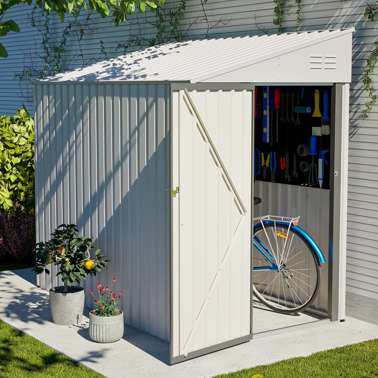 4x7 FT Outdoor Storage Shed Lean to Shed,Metal Shed W/Lockable Door & Air Vent,All Weather Waterproof Garden Tool House W/Reversible Installation,for Backyard,Patio,Lawn,White