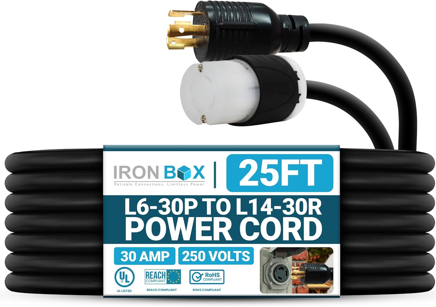 IronBox Electric L6-30P to L14-30R Power Cord - 30A, 250V, 10/3 SJOOW - UL Listed Extension Cord - Heavy Duty Adapter Cables for Generator, Transfer Switch, RV, Data Center & More (25ft, Custom Build)