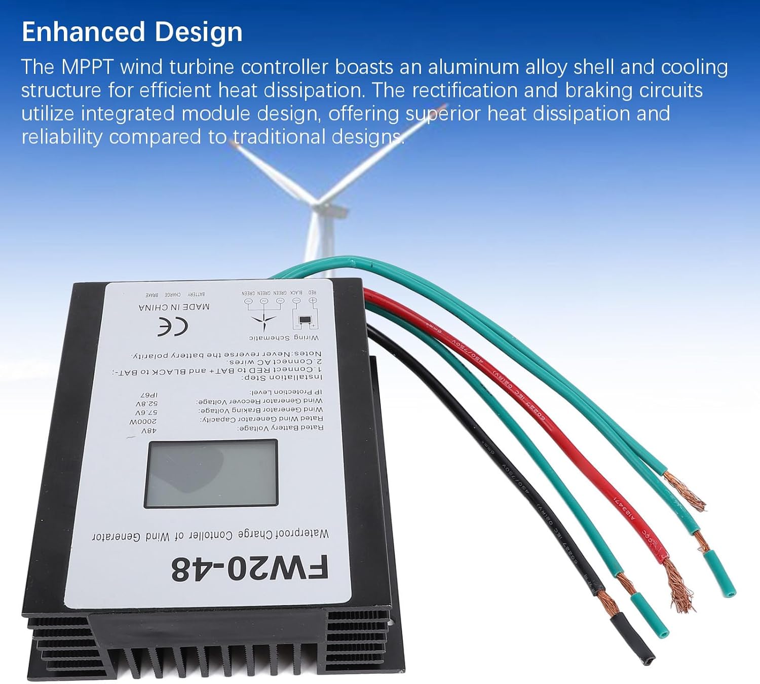 Wind Turbine Charge Controller 2000W 48V MPPT IP67 Water Wind Generator Controller with LED Display for Home Use Aluminum Alloy Shell Efficient Heat Dissipation