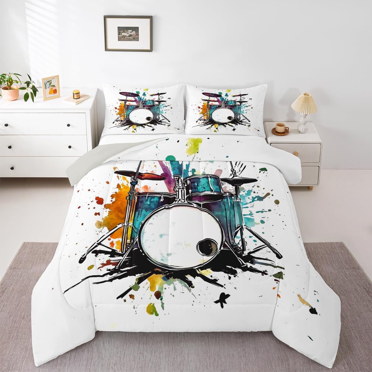 Erosebridal Drum Kit Kids Comforter Sets Rock Music Instrument King Bedding Set for Boys Girls Watercolor Drum Kit Comforter Set,Music Theme Quilt Duvet 3 Pcs