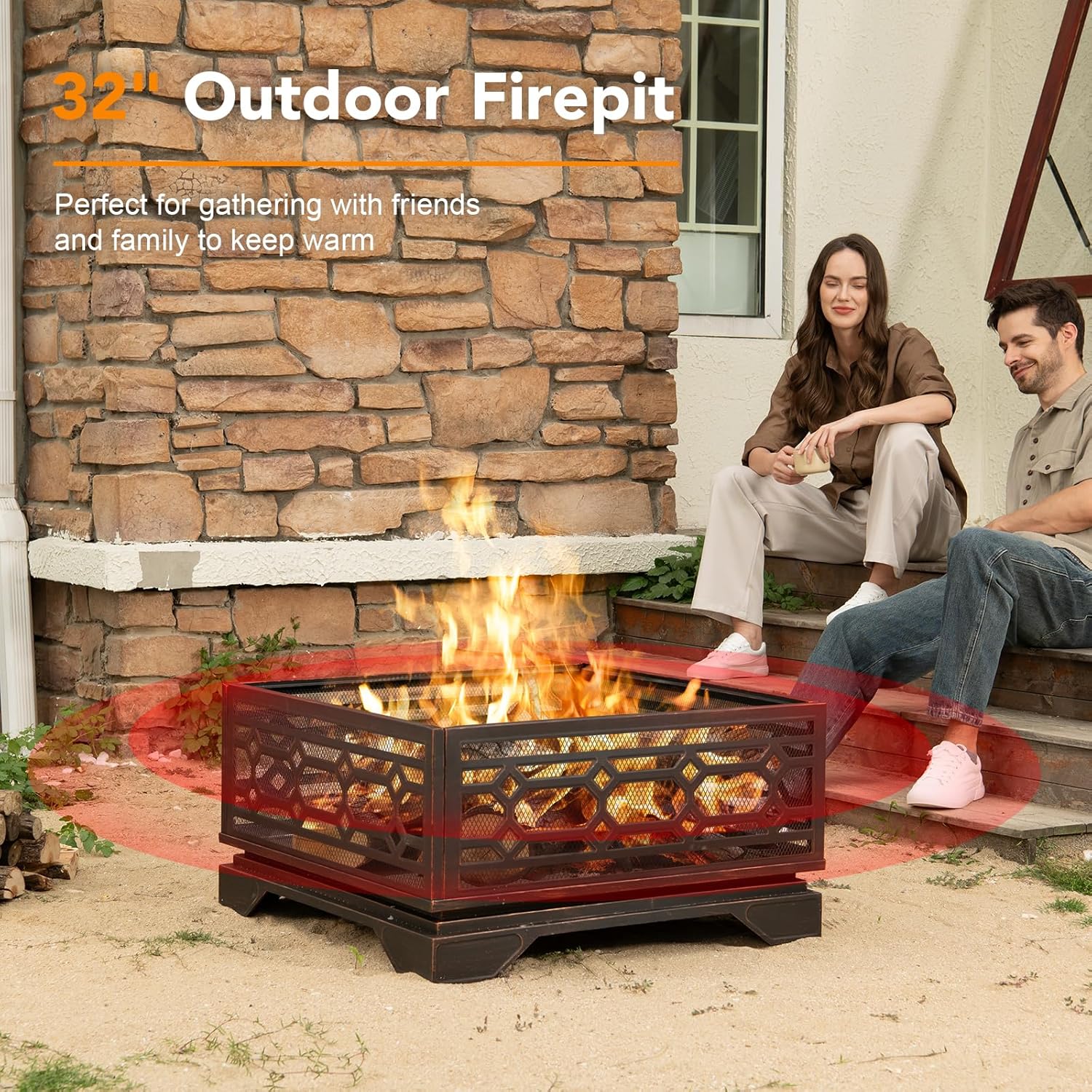 Outdoor Fire Pit, 32 Inch Wood Burning Firepit for Outside with Mesh Cover & Fire Poker, Large Square Metal Fireplace for Patio, Backyard, Garden, Bonfire Party