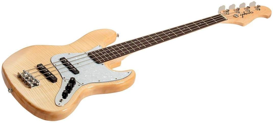 Monoprice Jamm Flamed Maple Electric Bass - Natural, with Gig Bag, 4 Strings, Double‑Cutaway Solid Body - Indio Series